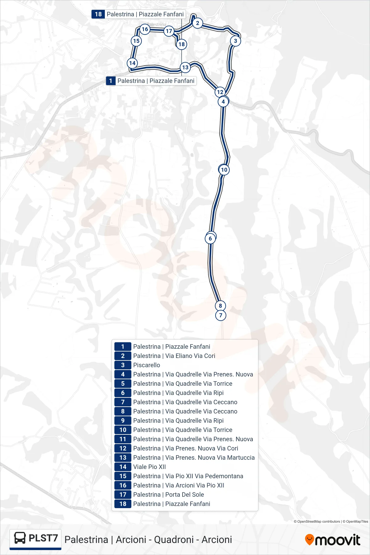 Linea PLST7 bus (Arcioni - Quadroni - Arcioni) - Percorsi e fermate sulla mappa