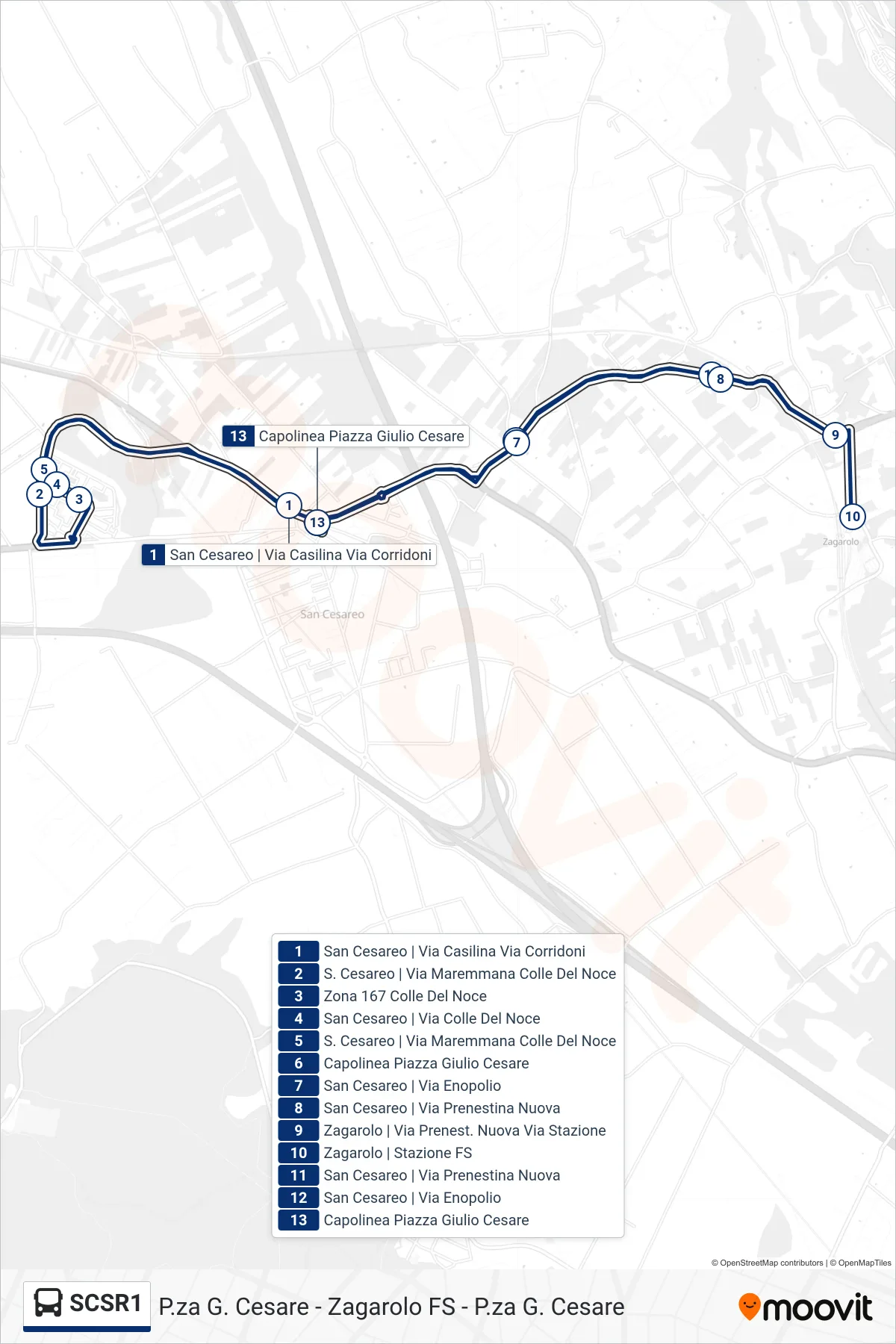 Linea SCSR1 bus (P.za G. Cesare - Zagarolo FS - P.za G. Cesare) - Percorsi e fermate sulla mappa