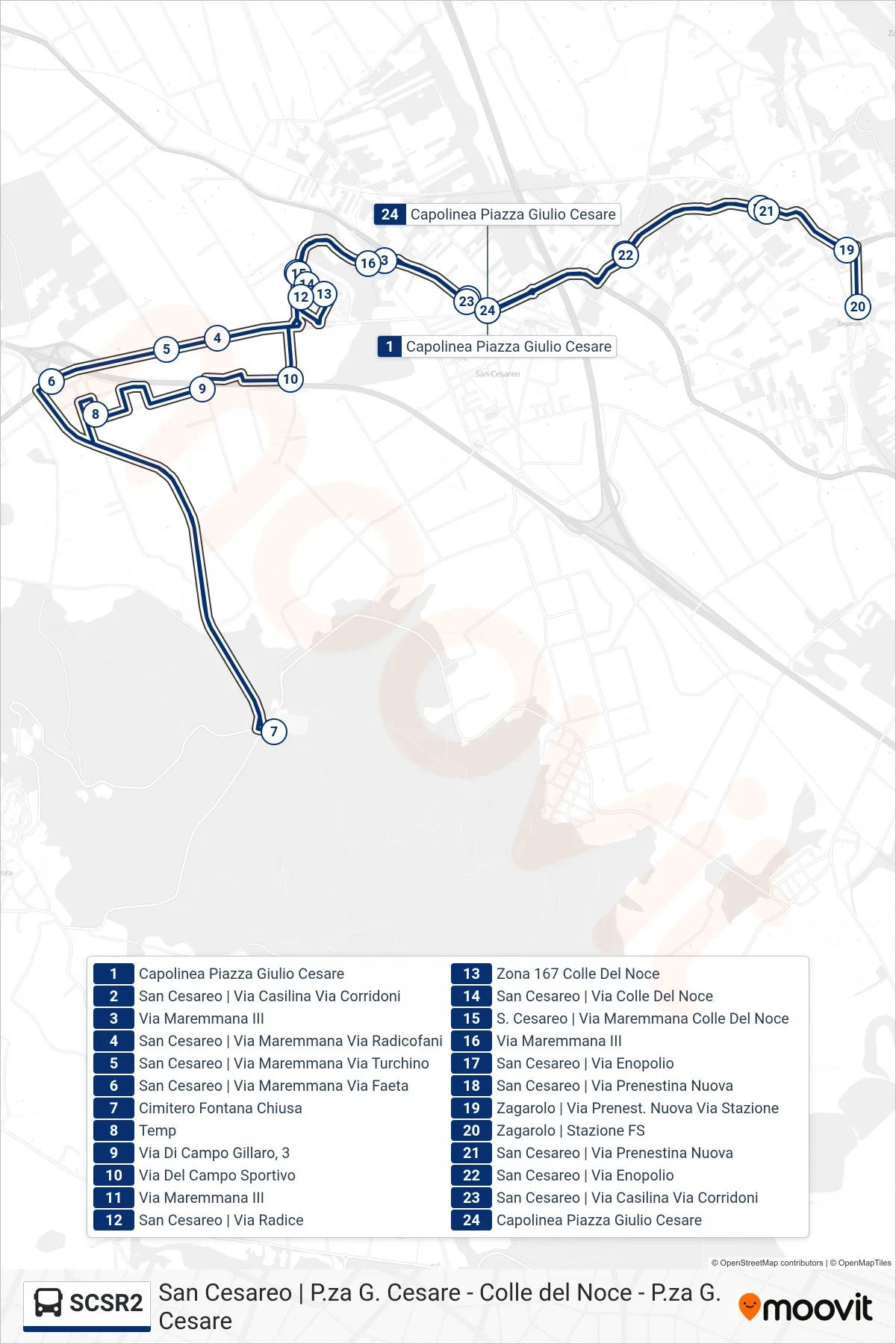 Linea SCSR2 bus (P.za G. Cesare - Colle del Noce - P.za G. Cesare) - Percorsi e fermate sulla mappa