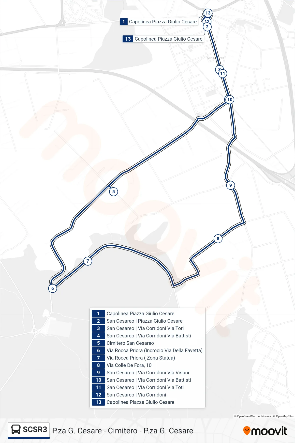 Linea SCSR3 bus (P.za G. Cesare - Cimitero - P.za G. Cesare) - Percorsi e fermate sulla mappa