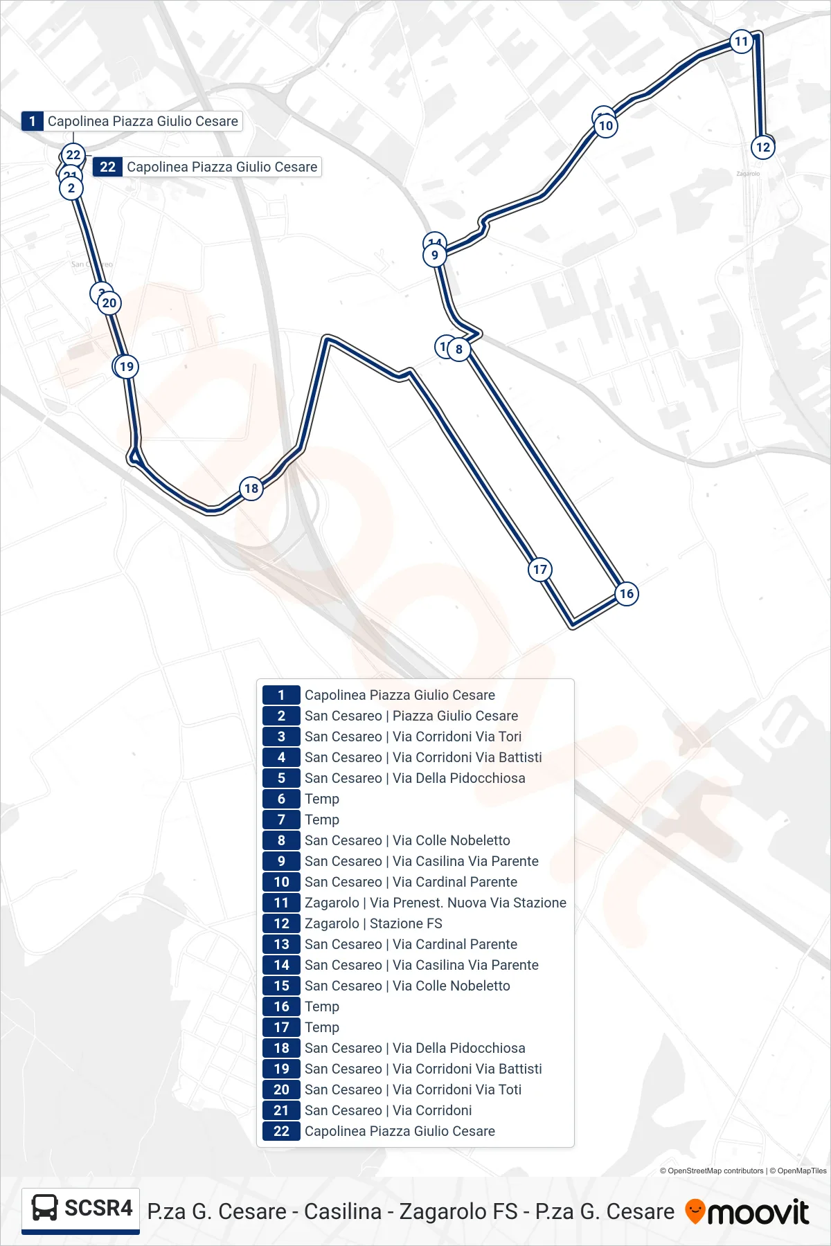 Linea SCSR4 bus (P.za G. Cesare - Casilina - Zagarolo FS - P.za G. Cesare) - Percorsi e fermate sulla mappa