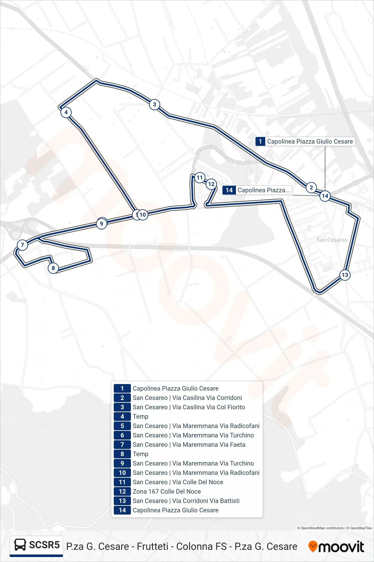 SCSR5 bus Line (P.za G. Cesare - Frutteti - Colonna FS - P.za G. Cesare) route and stops on a map