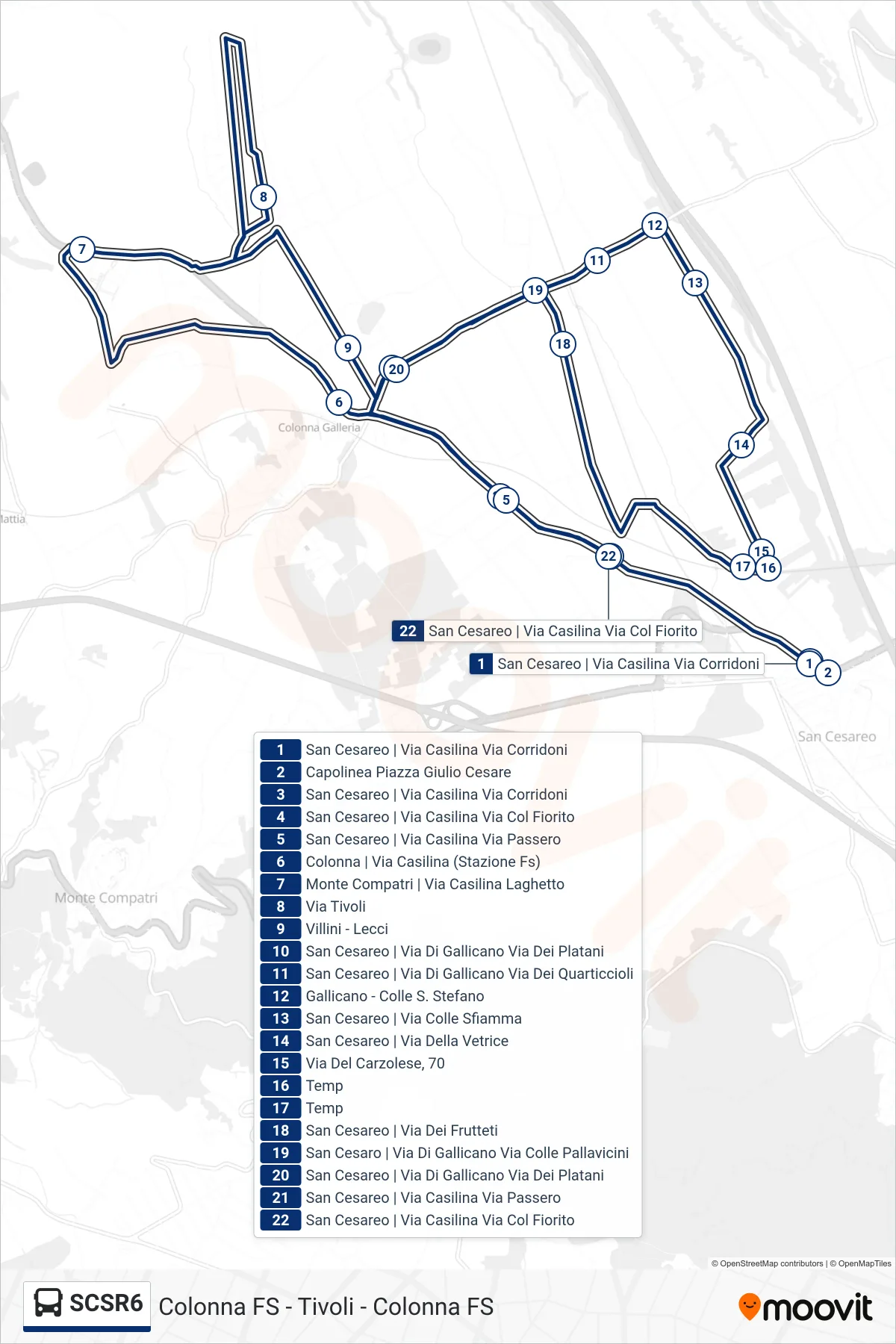 Linea SCSR6 bus (Colonna FS - Tivoli - Colonna FS) - Percorsi e fermate sulla mappa