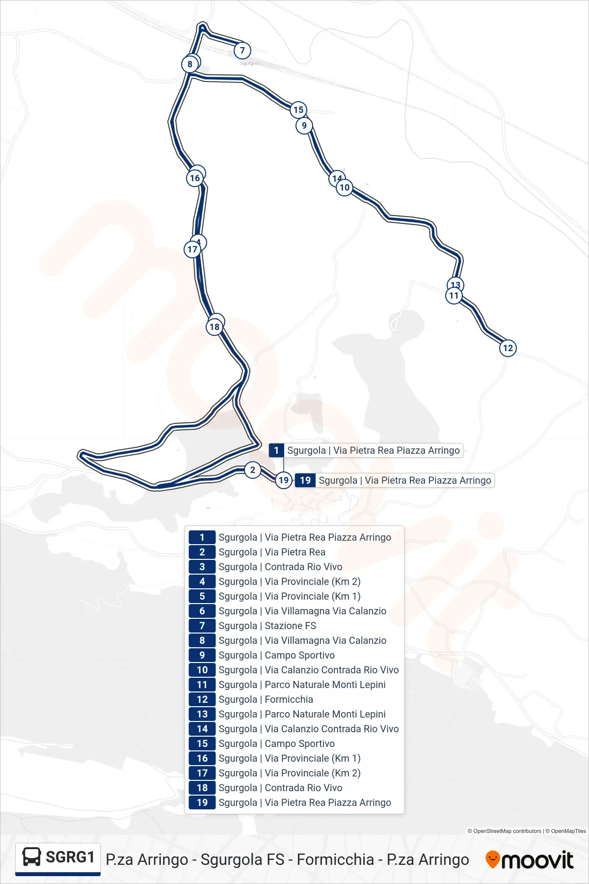 Linea SGRG1 bus (P.za Arringo - Sgurgola FS - Formicchia - P.za Arringo) - Percorsi e fermate sulla mappa