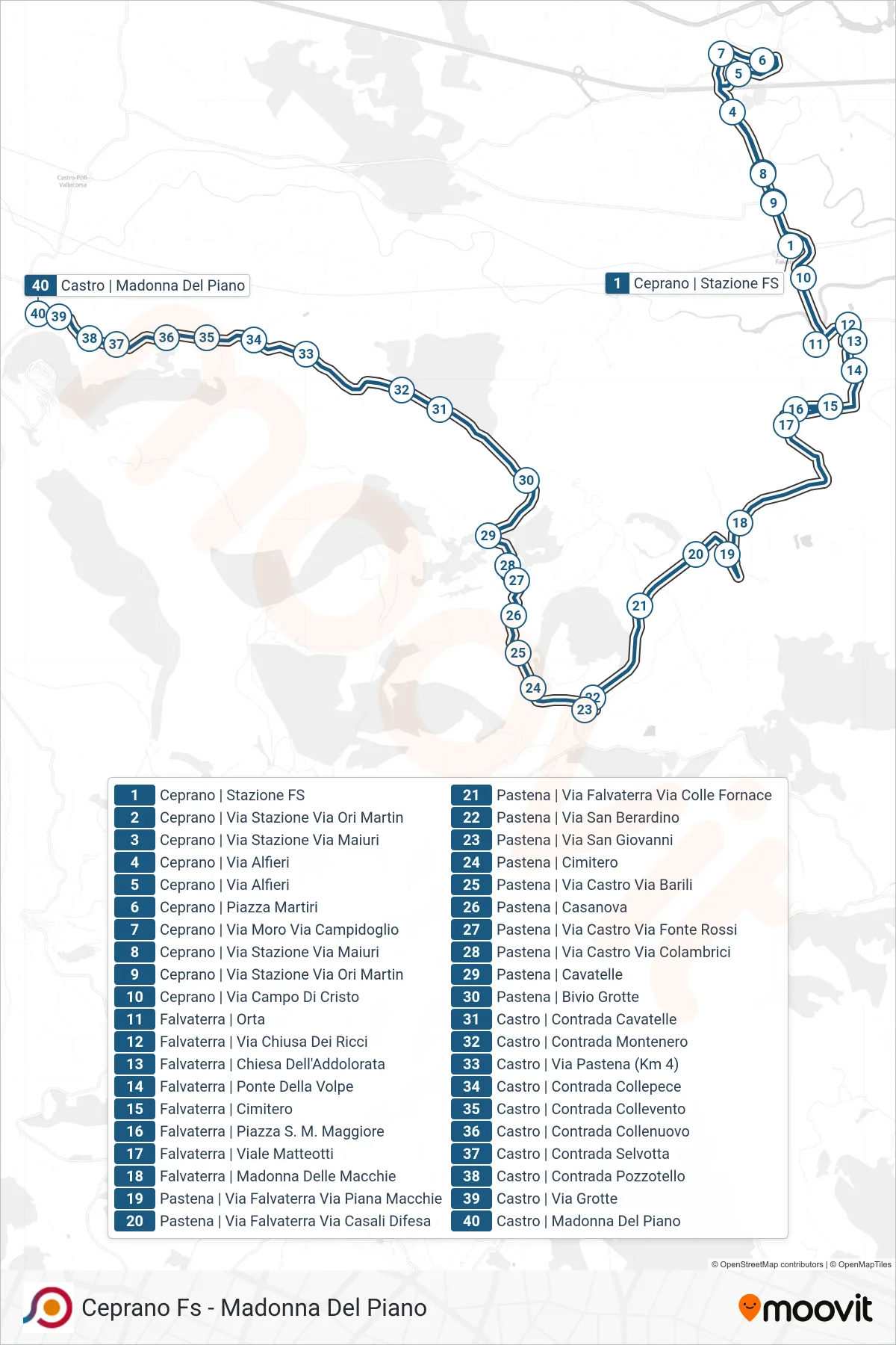 Linea COTRAL  bus (Ceprano | Stazione FS‎→Castro | Madonna Del Piano) - Percorsi e fermate sulla mappa