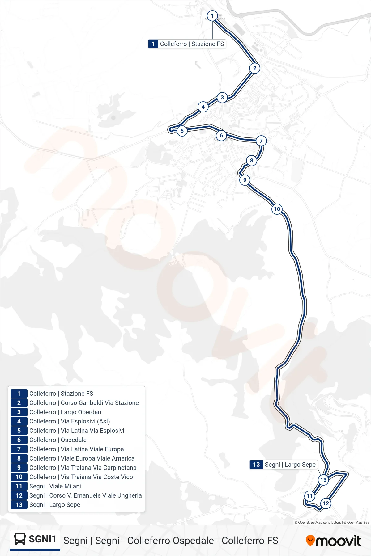 Linea SGNI1 bus (Segni | Largo Sepe) - Percorsi e fermate sulla mappa