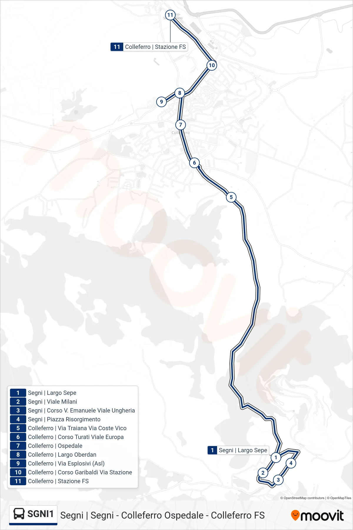 Linea SGNI1  bus (Colleferro | Stazione FS) - Percorsi e fermate sulla mappa