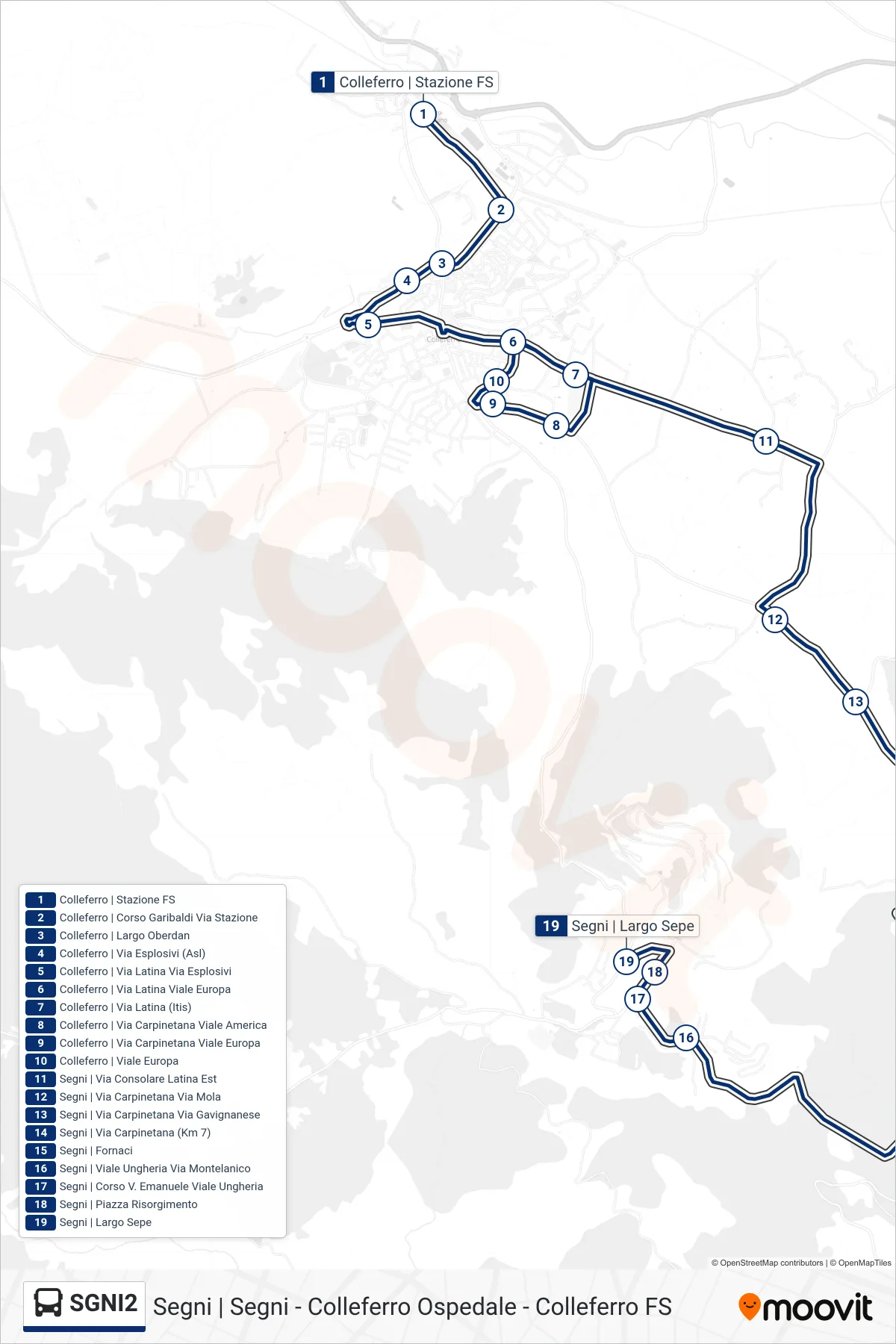 SGNI2 bus Line (Segni) route and stops on a map