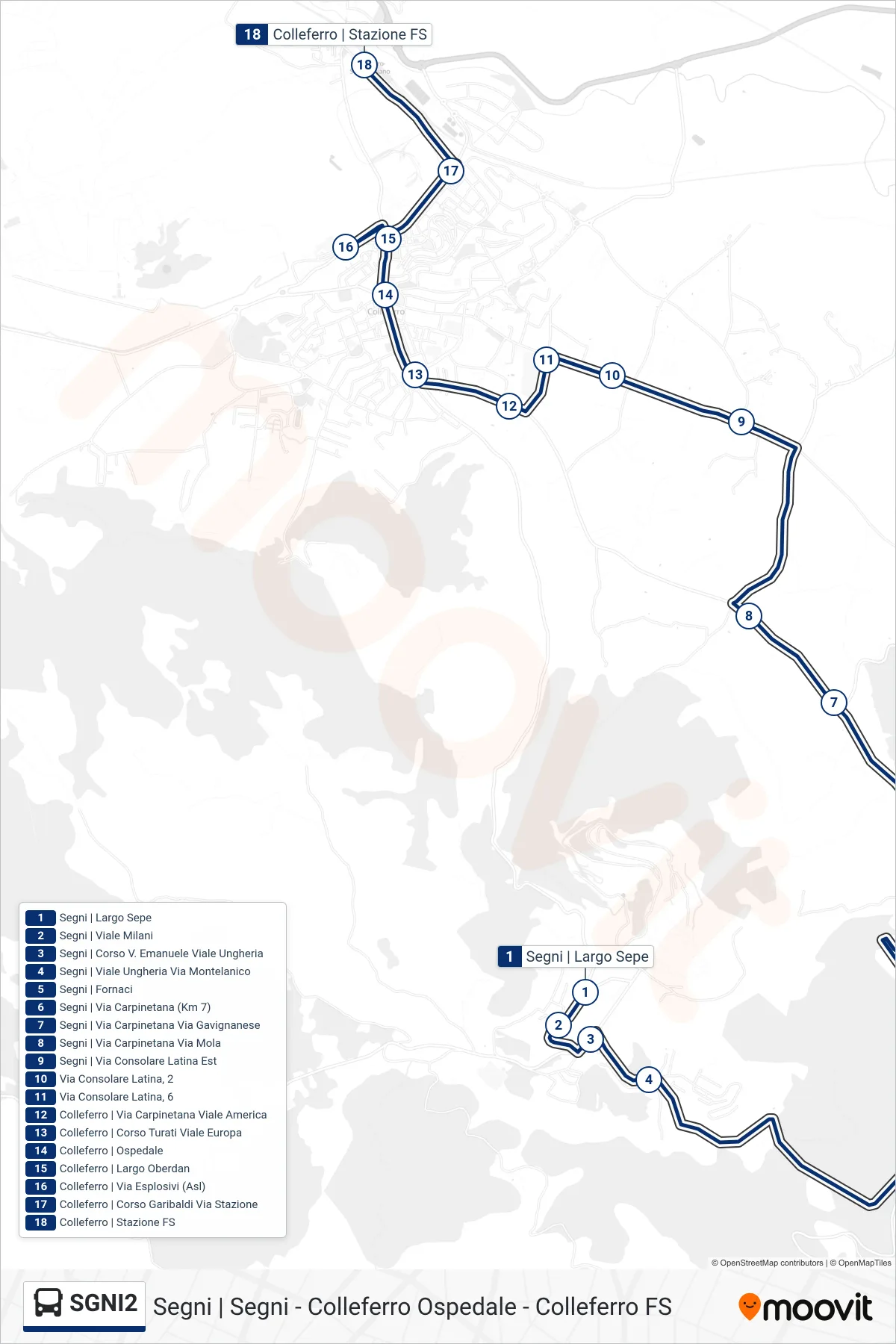 SGNI2 bus Line (Colleferro FS) route and stops on a map