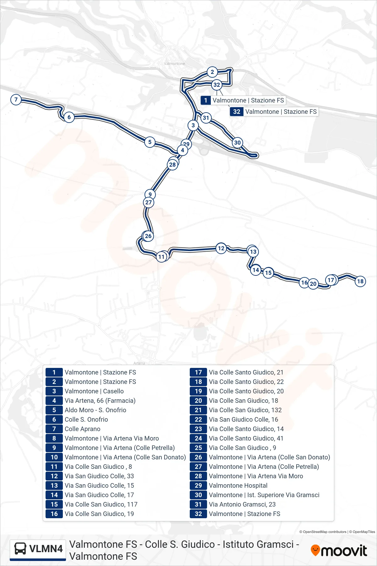 Linea VLMN4 bus (Valmontone FS - Colle S. Giudico - Istituto Gramsci - Valmontone FS) - Percorsi e fermate sulla mappa