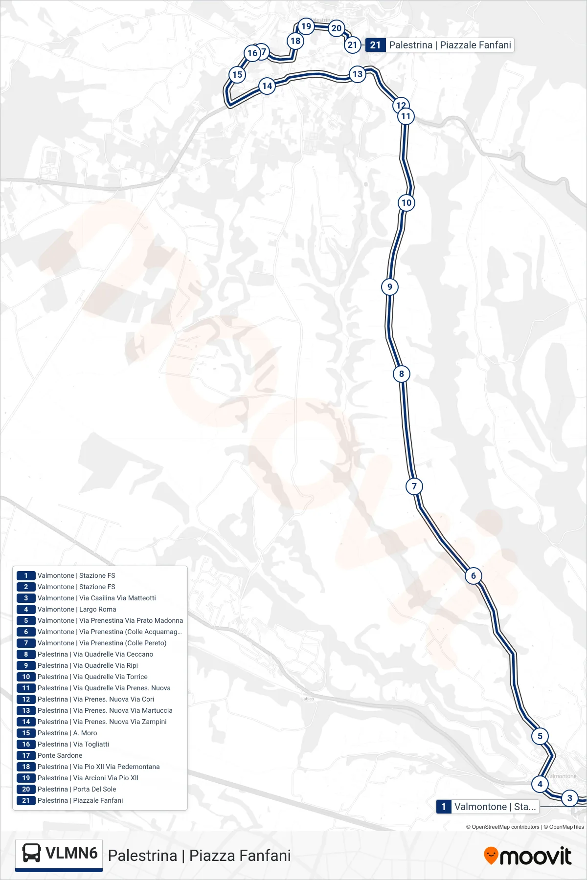 Linea VLMN6 bus (Palestrina | Piazza Fanfani) - Percorsi e fermate sulla mappa