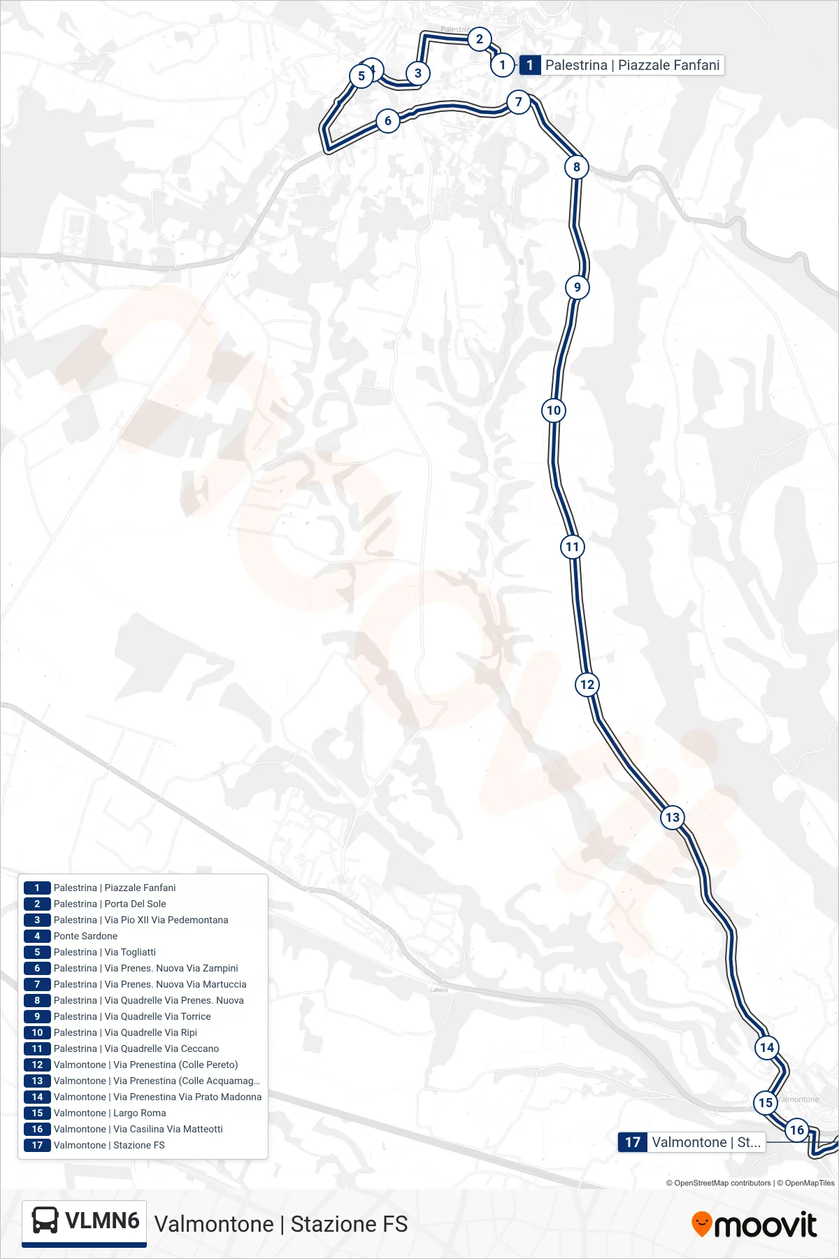 Linea VLMN6  bus (Valmontone | Stazione FS) - Percorsi e fermate sulla mappa