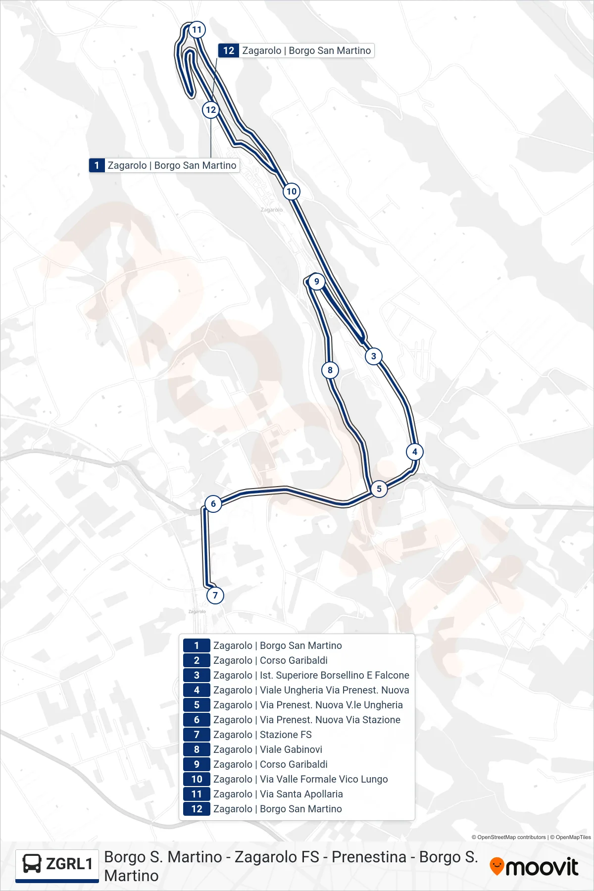 Linea ZGRL1 bus (Borgo S. Martino - Zagarolo FS - Prenestina - Borgo S. Martino) - Percorsi e fermate sulla mappa