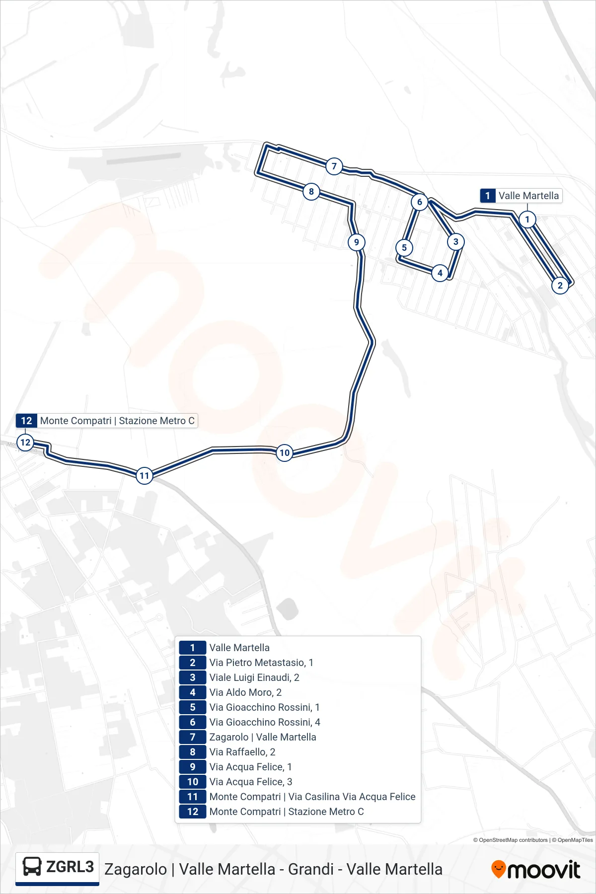 Linea ZGRL3 bus (Monte Compatri | Stazione Metro C) - Percorsi e fermate sulla mappa