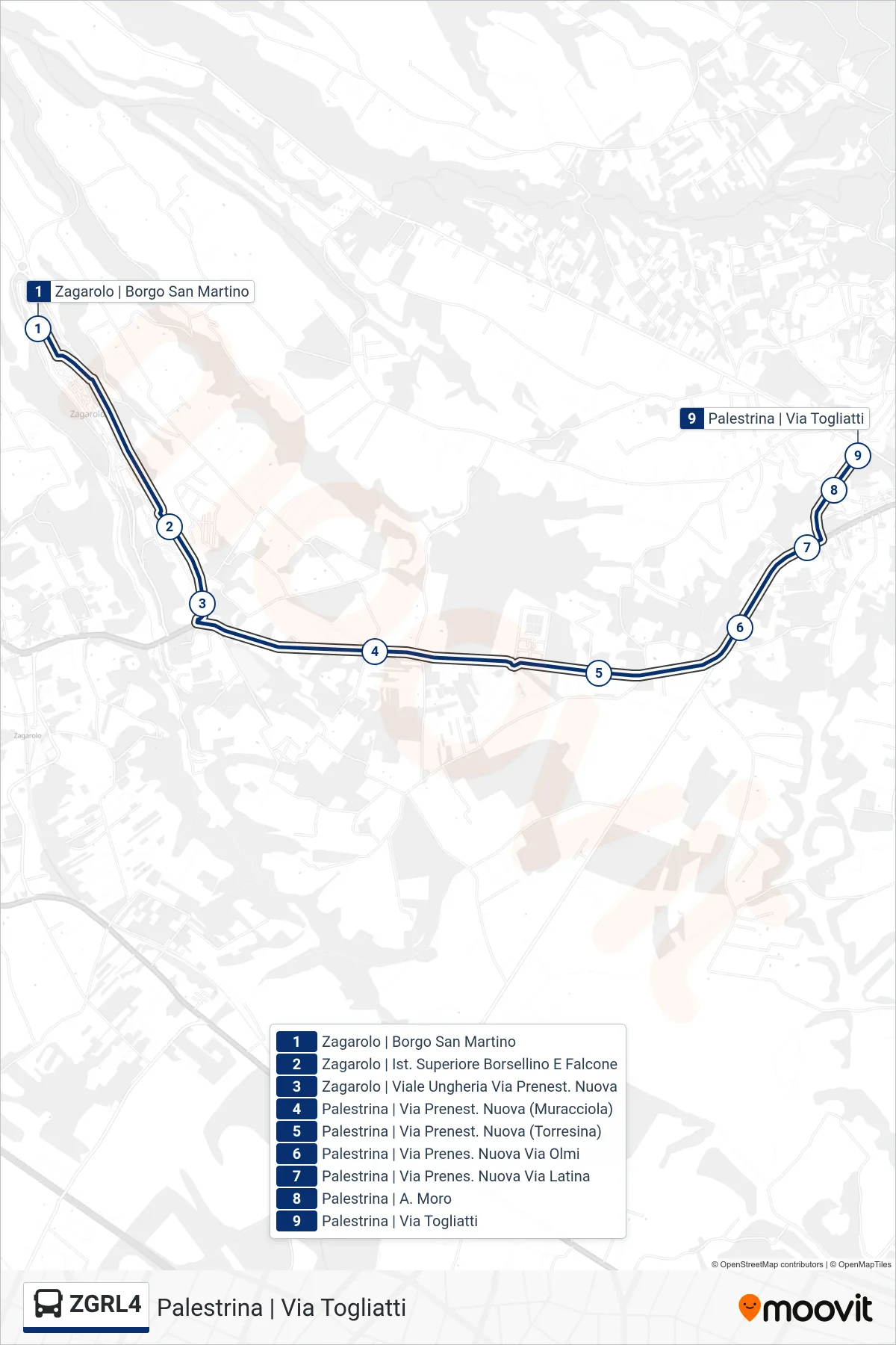 Linea ZGRL4 bus (Palestrina | Via Togliatti) - Percorsi e fermate sulla mappa