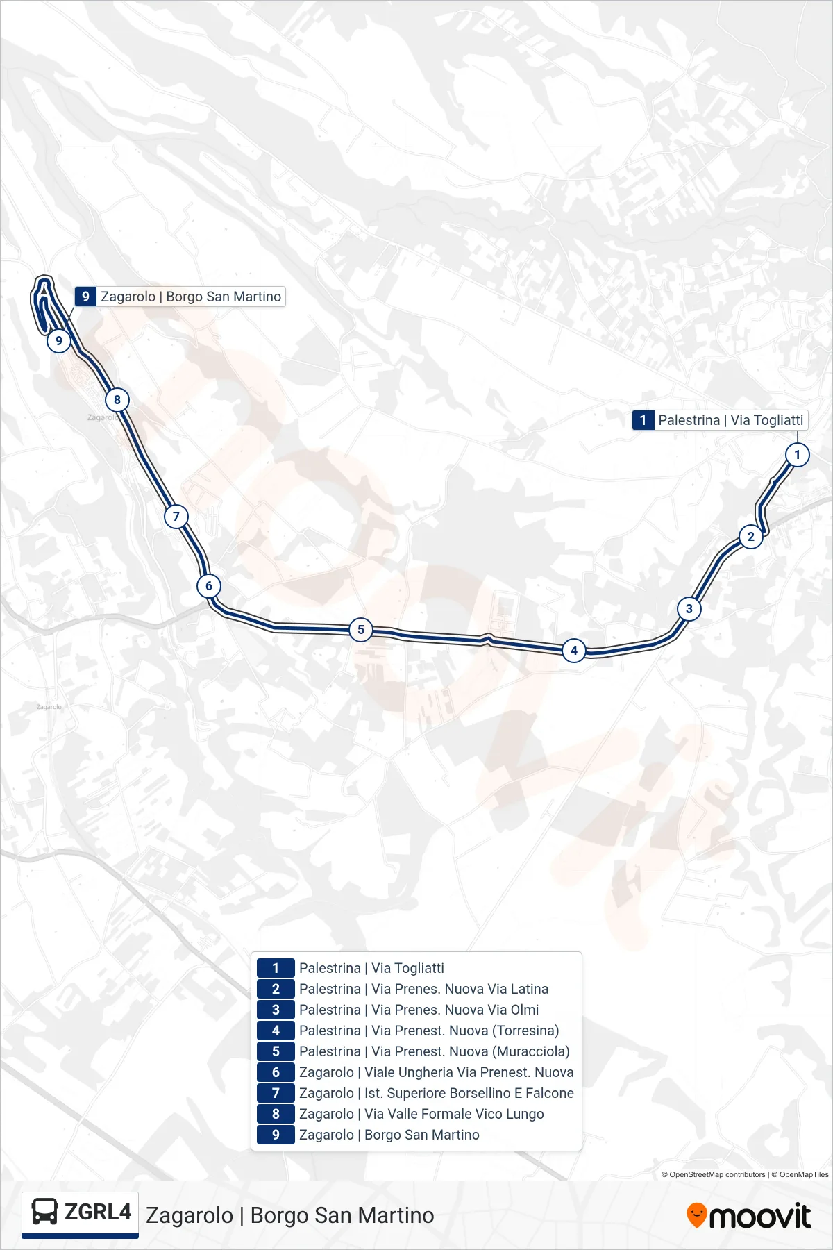 Linea ZGRL4  bus (Zagarolo | Borgo San Martino) - Percorsi e fermate sulla mappa