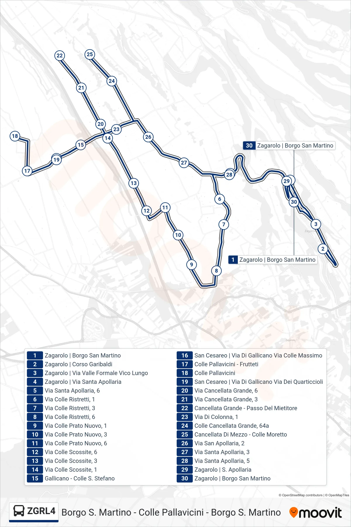 Linea ZGRL4 bus (Borgo S. Martino - Colle Pallavicini - Borgo S. Martino) - Percorsi e fermate sulla mappa