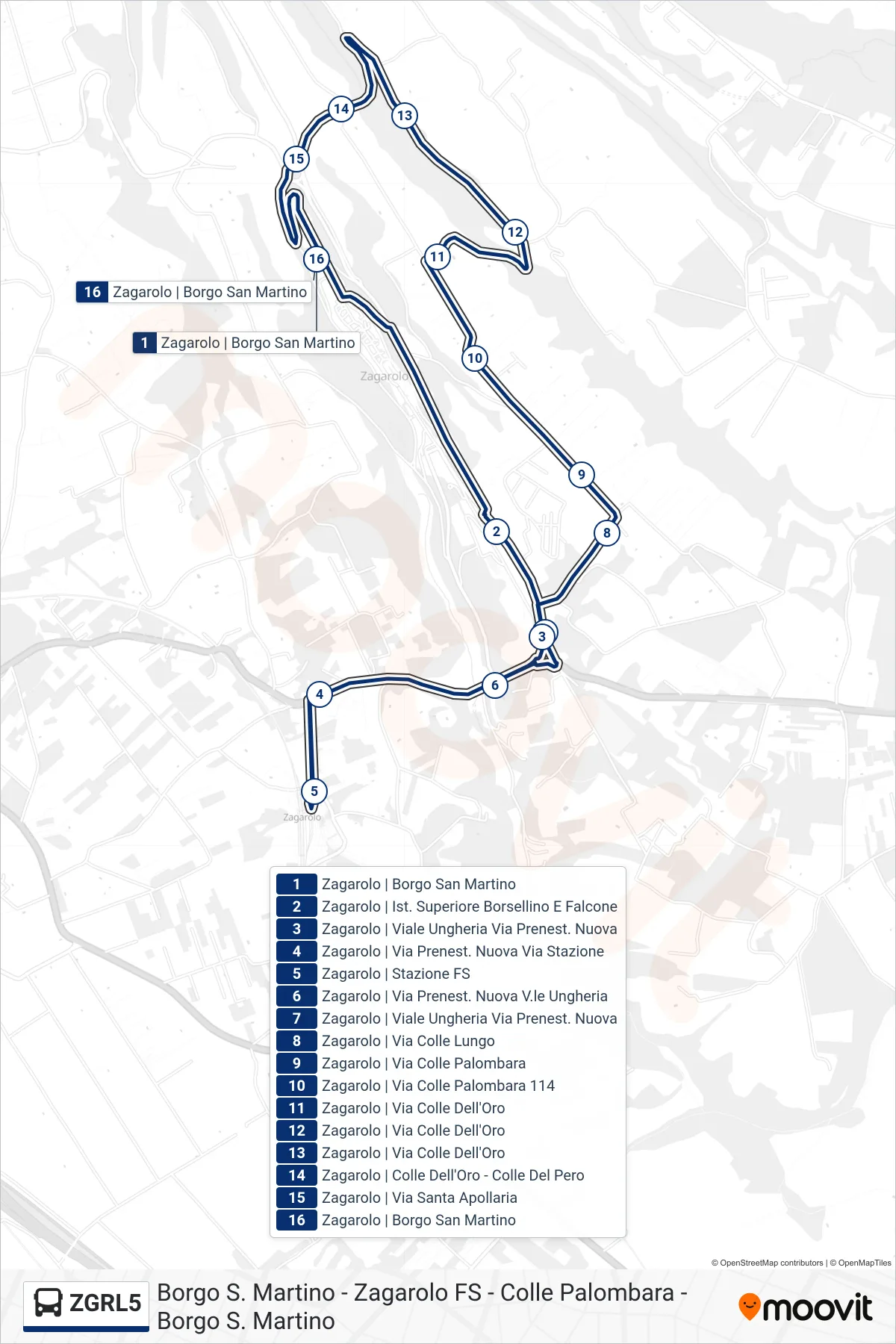 Linea ZGRL5 bus (Borgo S. Martino - Zagarolo FS - Colle Palombara - Borgo S. Martino) - Percorsi e fermate sulla mappa