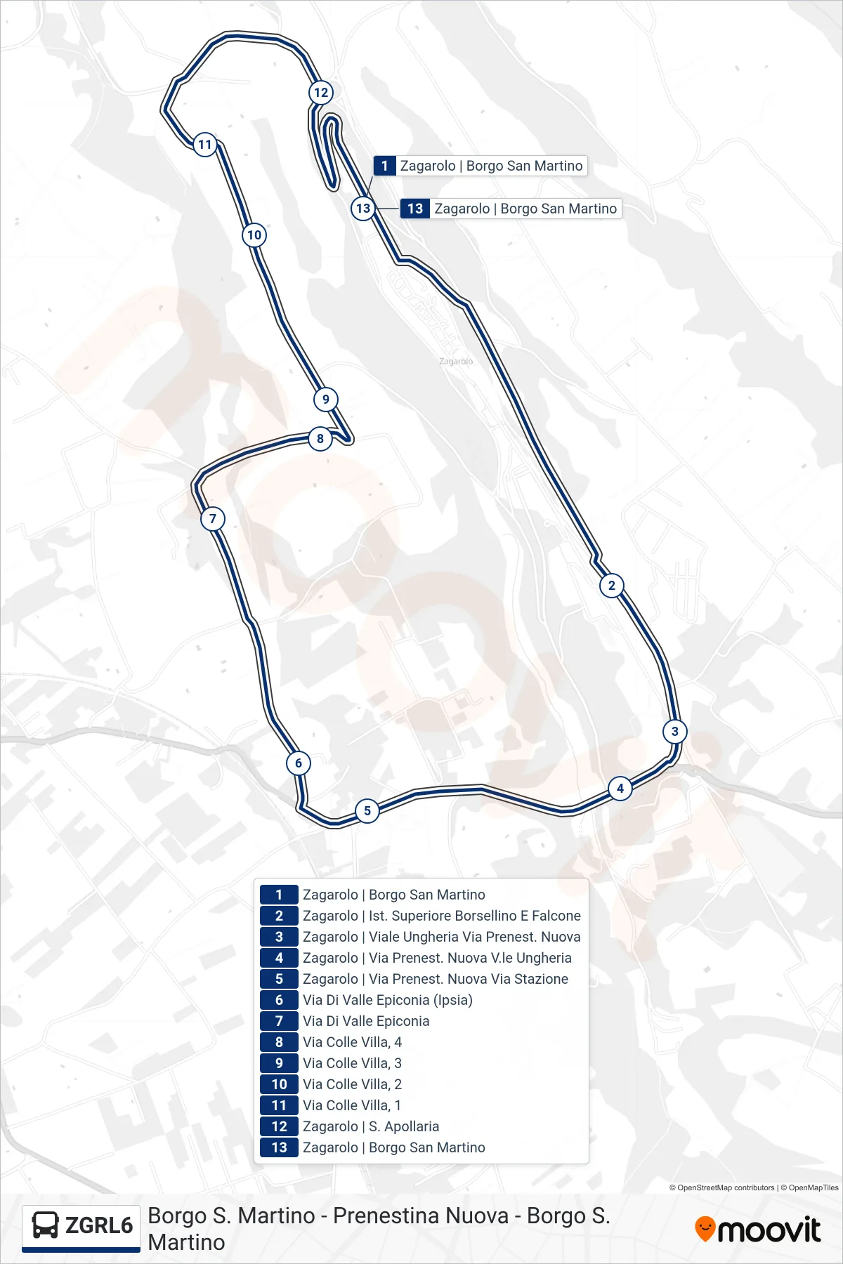 Linea ZGRL6 bus (Borgo S. Martino - Prenestina Nuova - Borgo S. Martino) - Percorsi e fermate sulla mappa