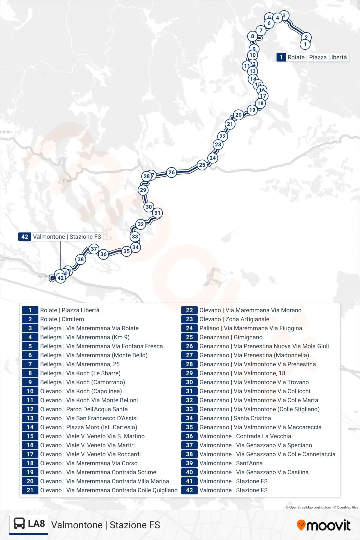 LA8 bus Line (Valmontone | Train Station) route and stops on a map