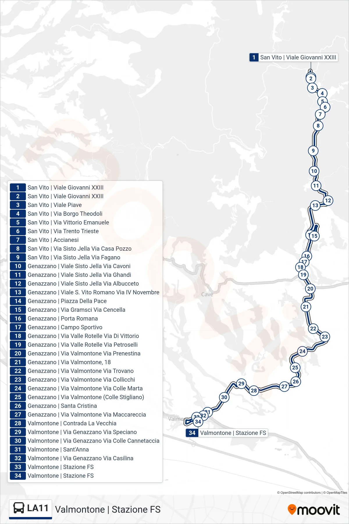 Linea LA11 bus (Valmontone | Stazione FS) - Percorsi e fermate sulla mappa
