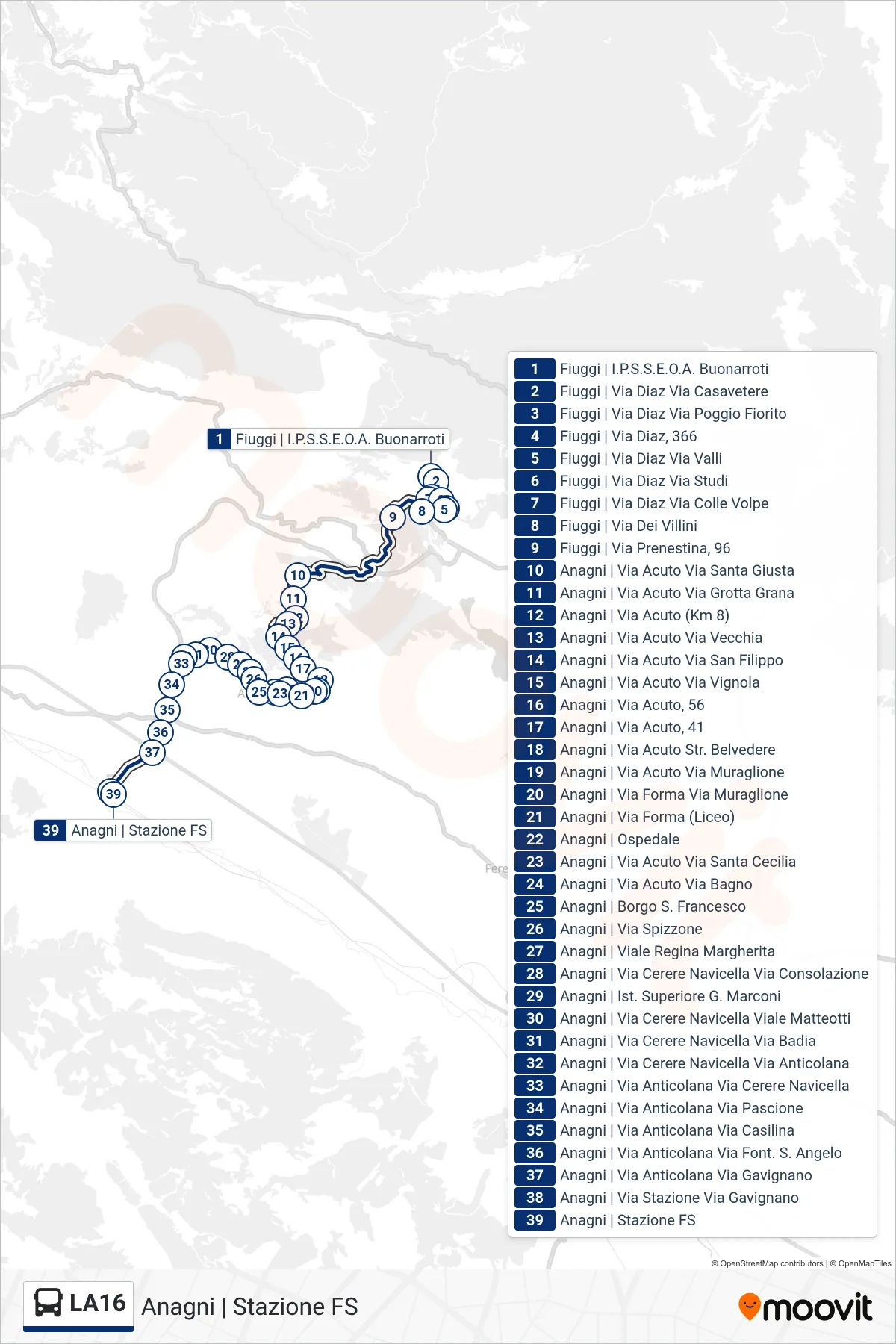 Linea LA16 bus (Anagni | Stazione FS) - Percorsi e fermate sulla mappa