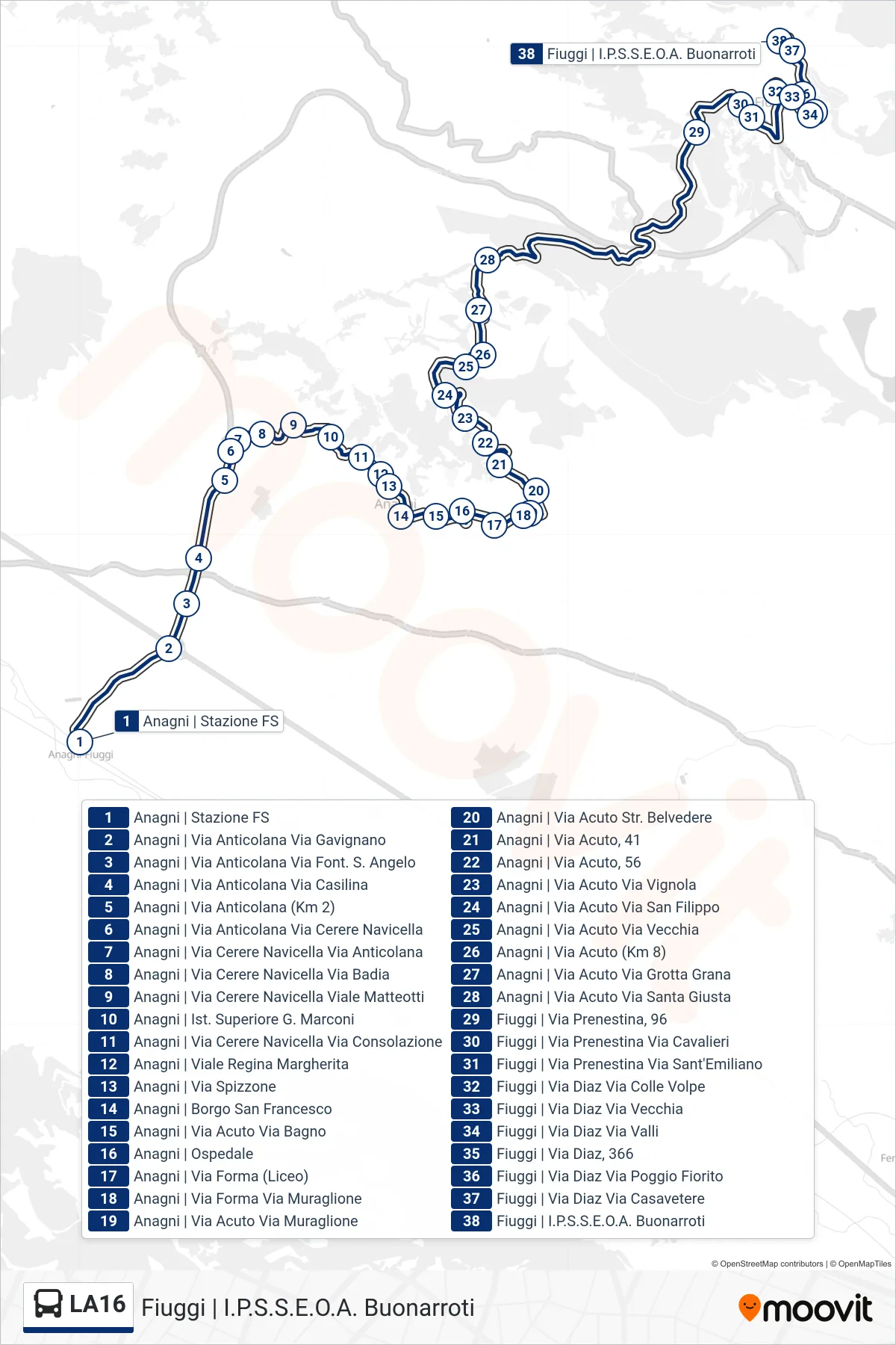 Linea LA16 bus (Fiuggi | I.P.S.S.E.O.A. Buonarroti) - Percorsi e fermate sulla mappa