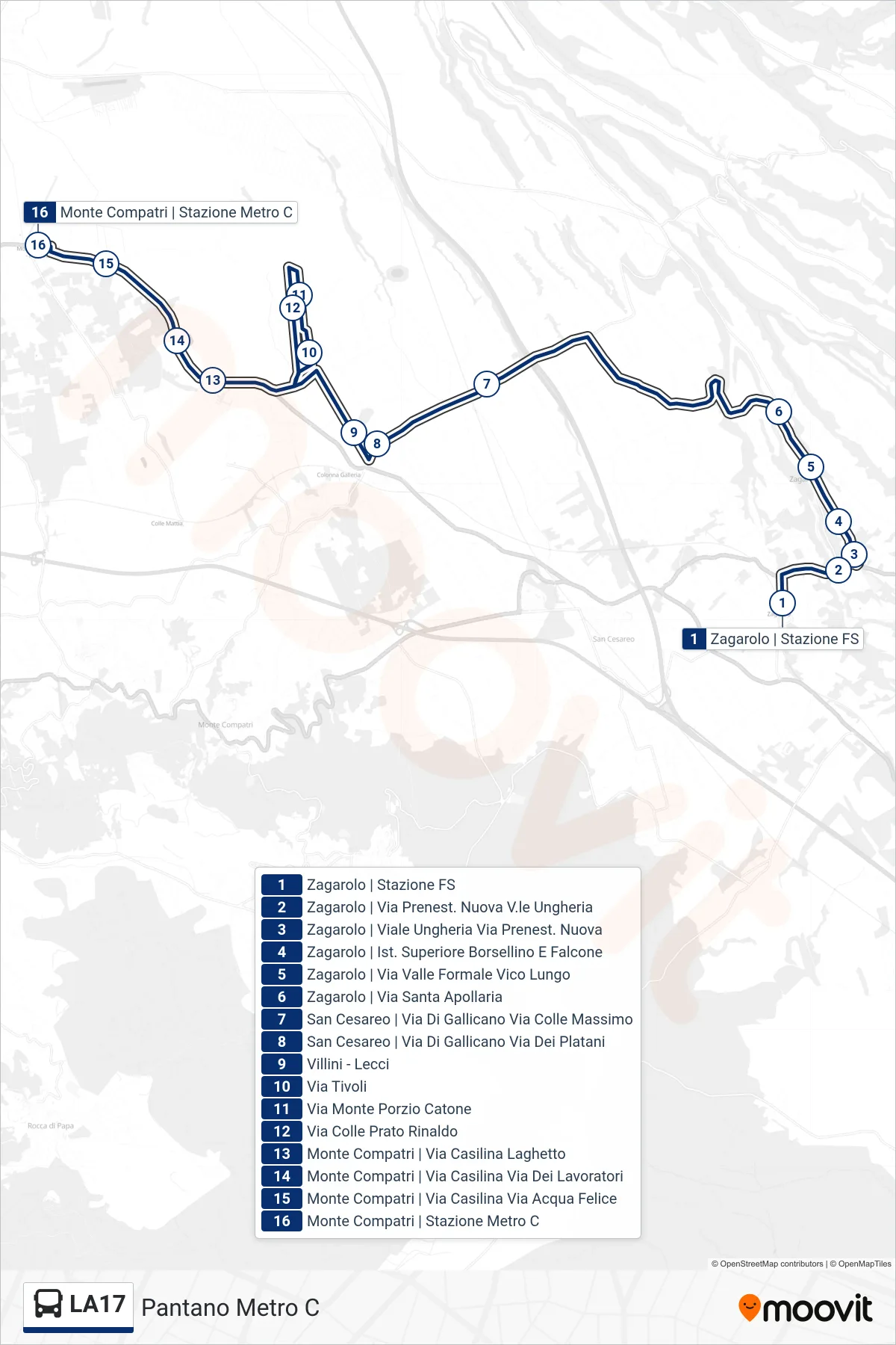 Linea LA17 bus (Pantano Metro C) - Percorsi e fermate sulla mappa