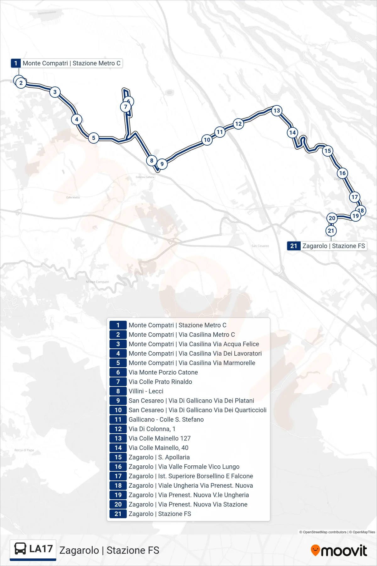 Linea LA17 bus (Zagarolo | Stazione FS) - Percorsi e fermate sulla mappa