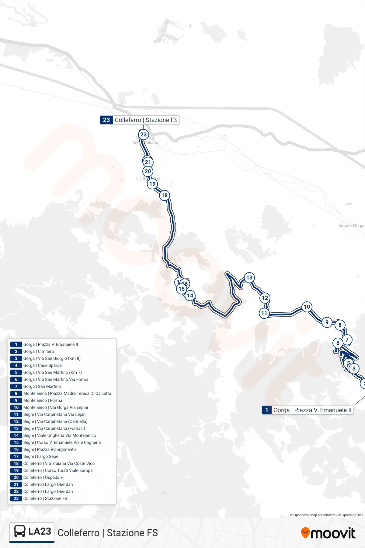 Linea LA23 bus (Colleferro | Stazione FS) - Percorsi e fermate sulla mappa