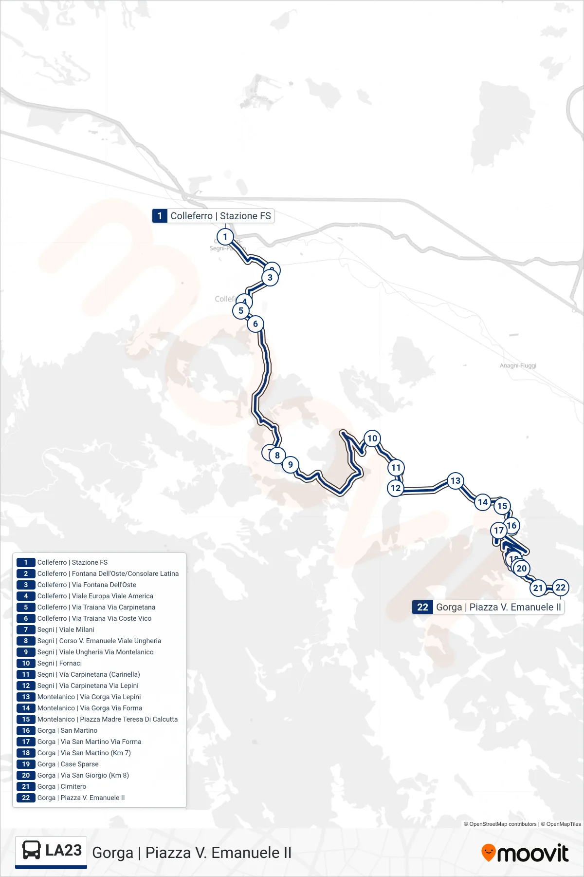 Linea LA23 bus (Gorga | Piazza V. Emanuele II) - Percorsi e fermate sulla mappa
