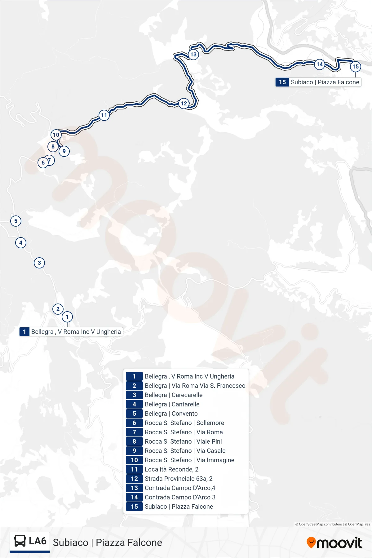 LA6 bus Line (Subiaco Piazza Falcone) route and stops on a map