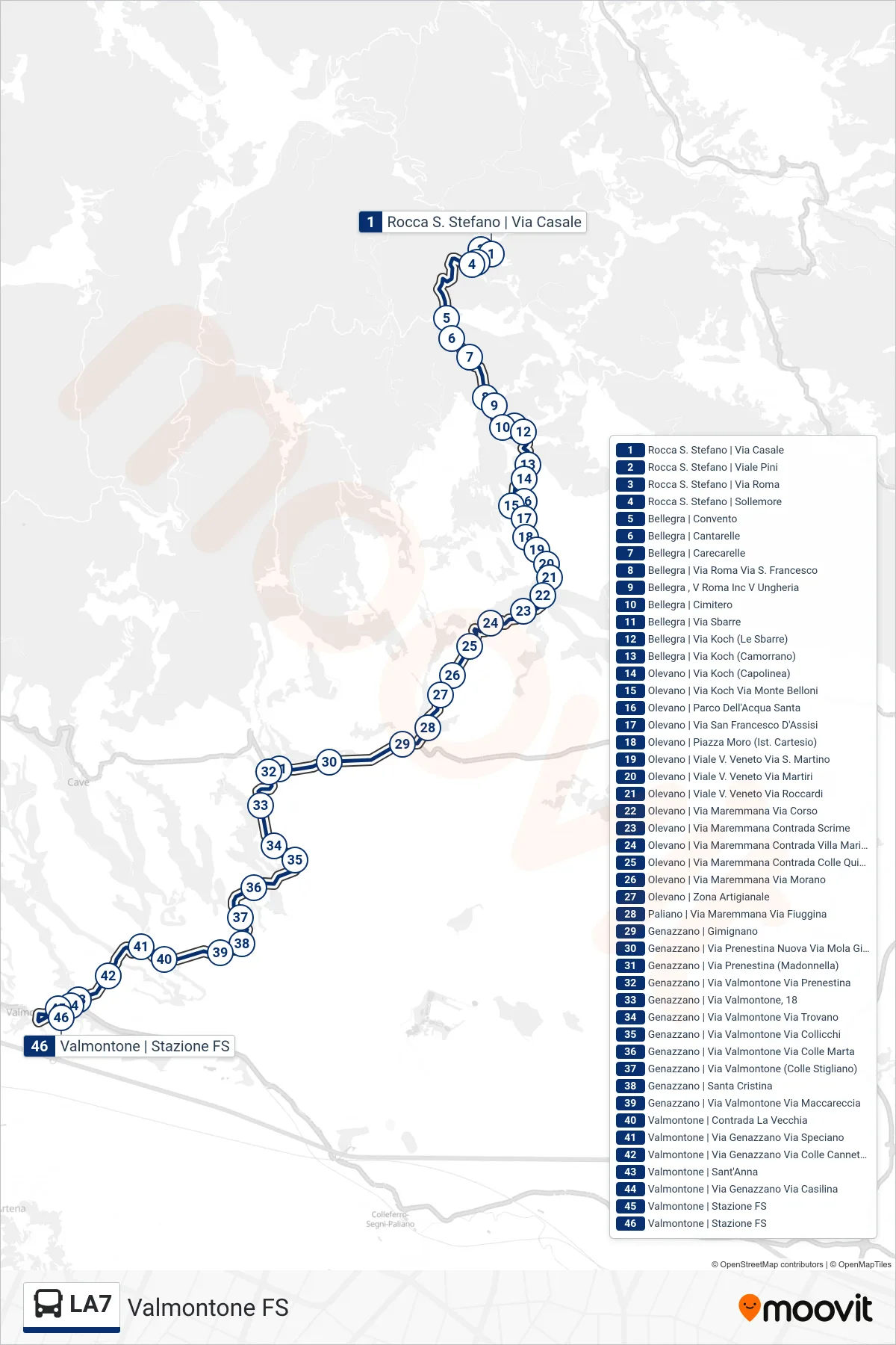 LA7 bus Line (Valmontone Station) route and stops on a map