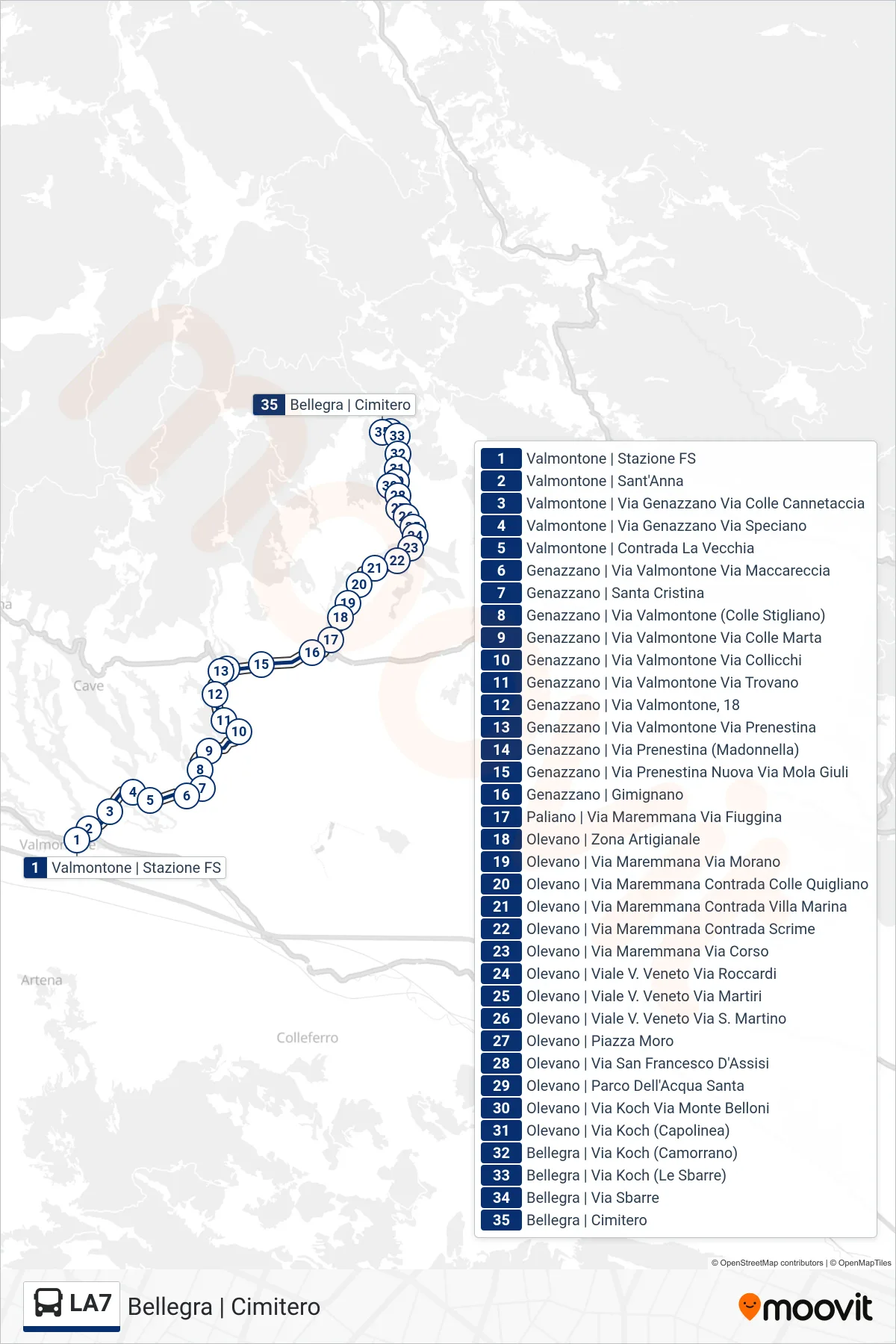 Linea LA7 bus (Bellegra | Cimitero) - Percorsi e fermate sulla mappa