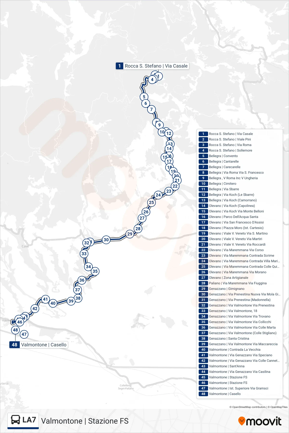 LA7 bus Line (Valmontone | Train Station) route and stops on a map