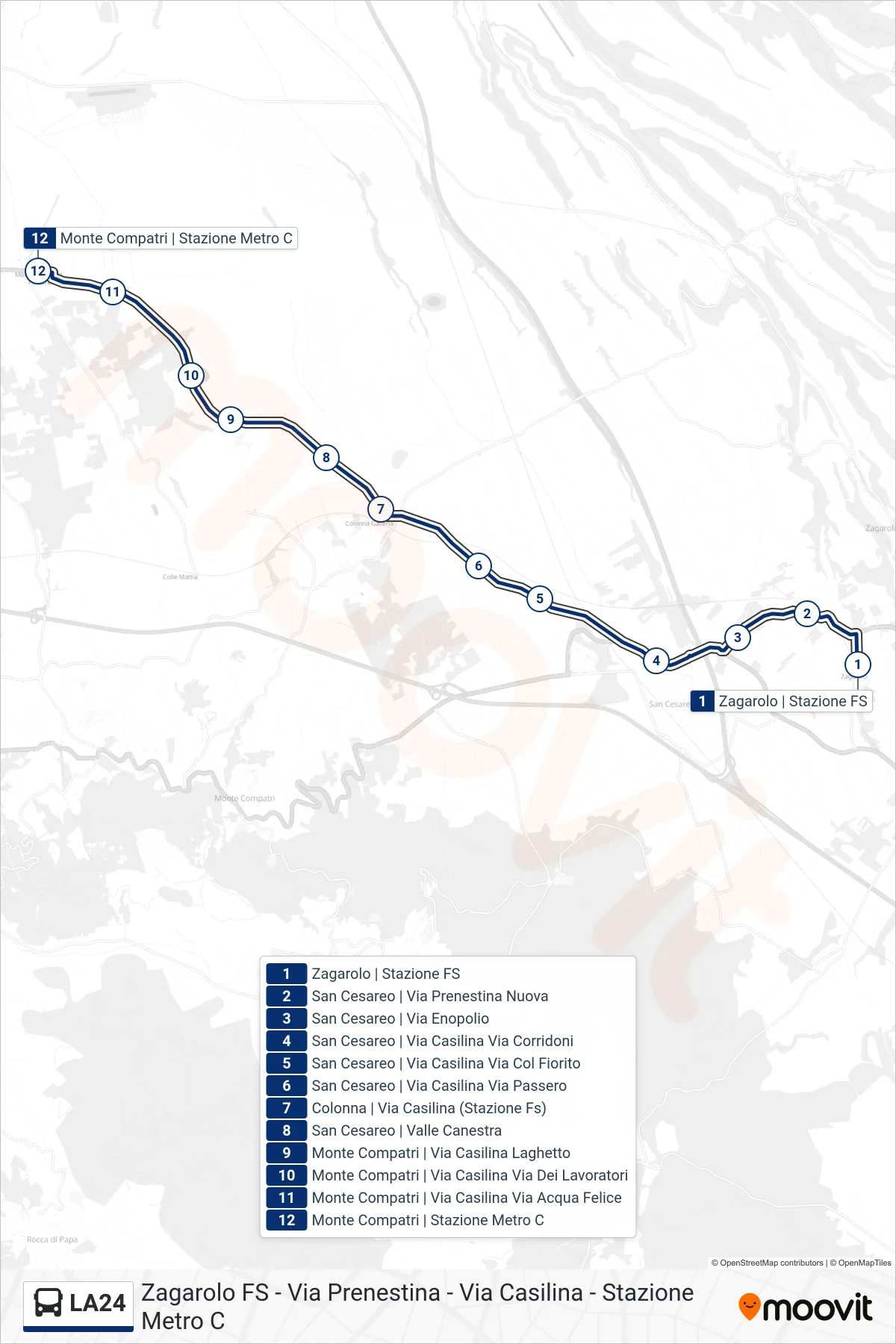 Linea LA24 bus (Zagarolo FS - Via Prenestina - Via Casilina - Stazione Metro C) - Percorsi e fermate sulla mappa