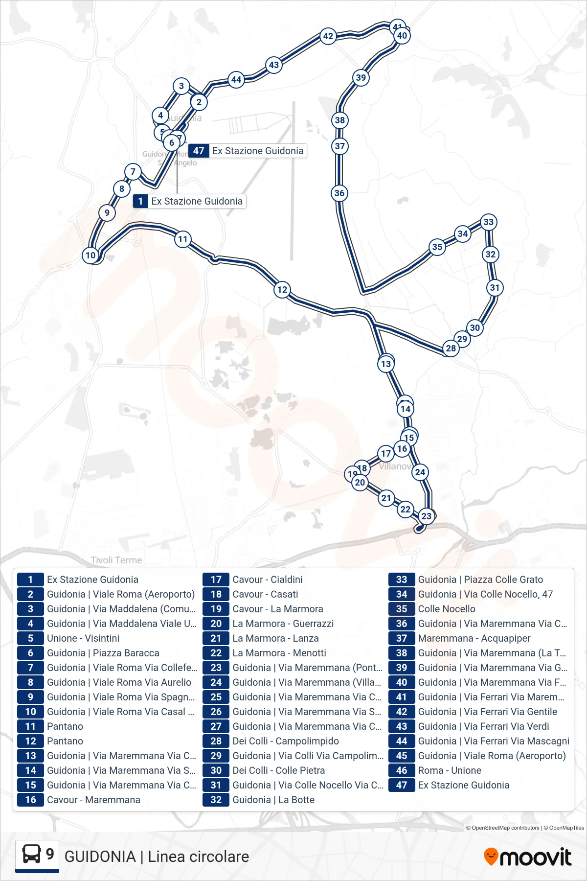 Linea 9 bus (GUIDONIA | Linea circolare) - Percorsi e fermate sulla mappa