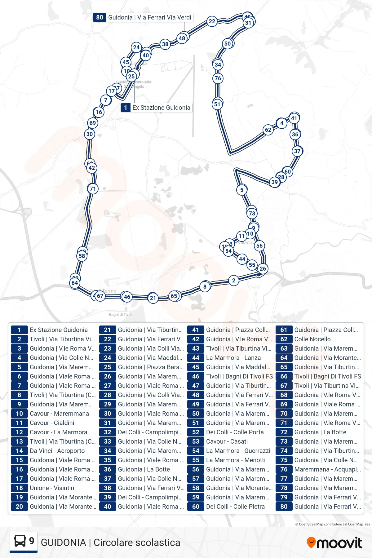 Linea 9 bus (GUIDONIA | Circolare scolastica) - Percorsi e fermate sulla mappa