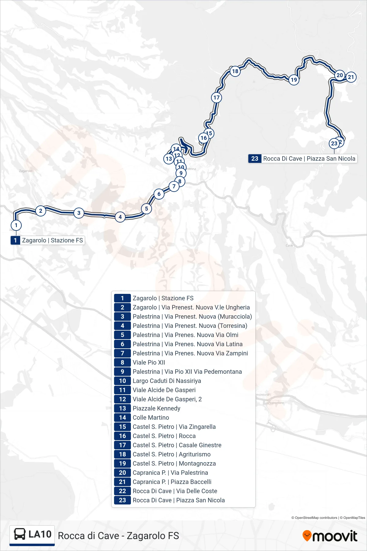 Linea LA10 bus (Rocca di Cave) - Percorsi e fermate sulla mappa