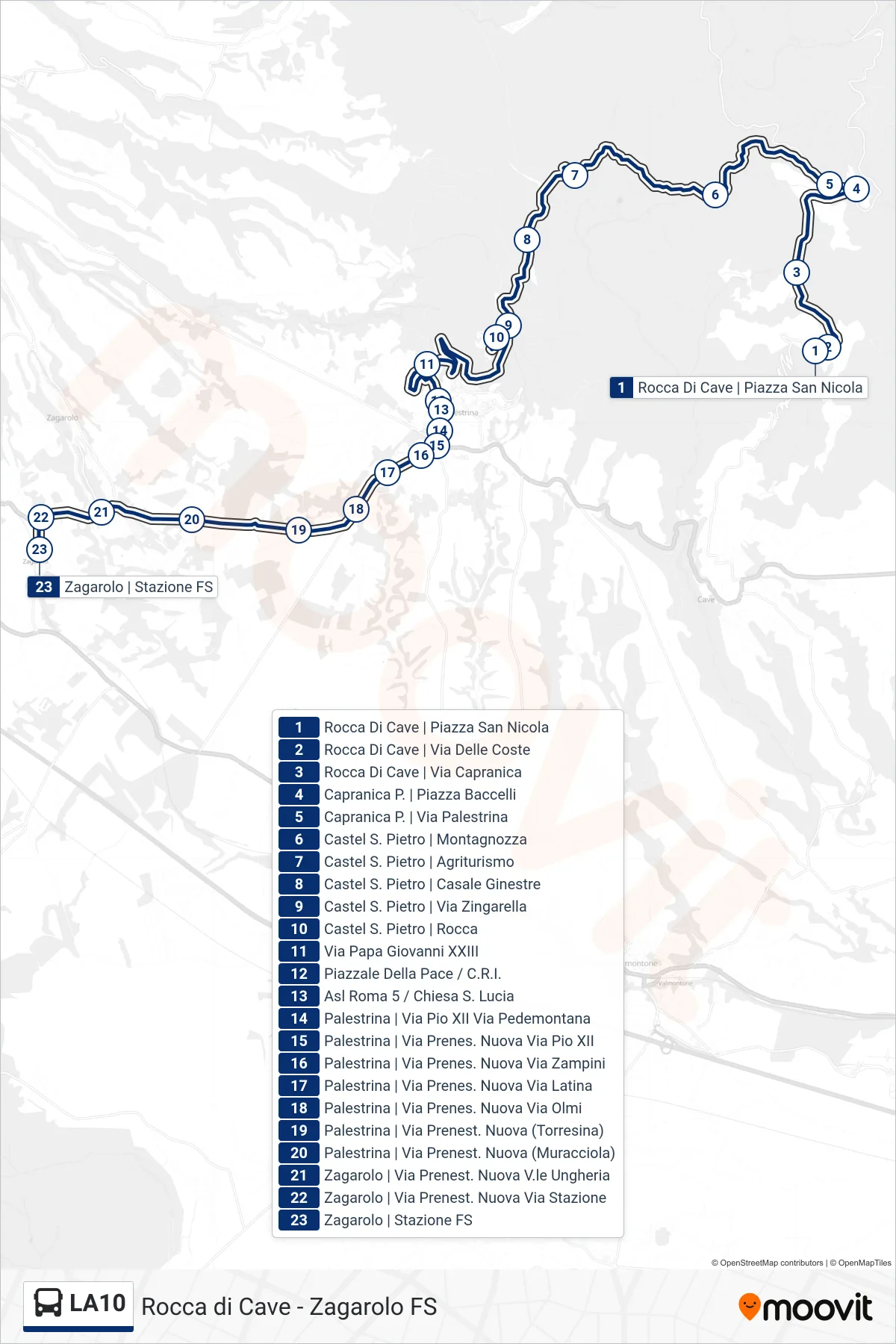 LA10 bus Line (Zagarolo | Railway Station) route and stops on a map
