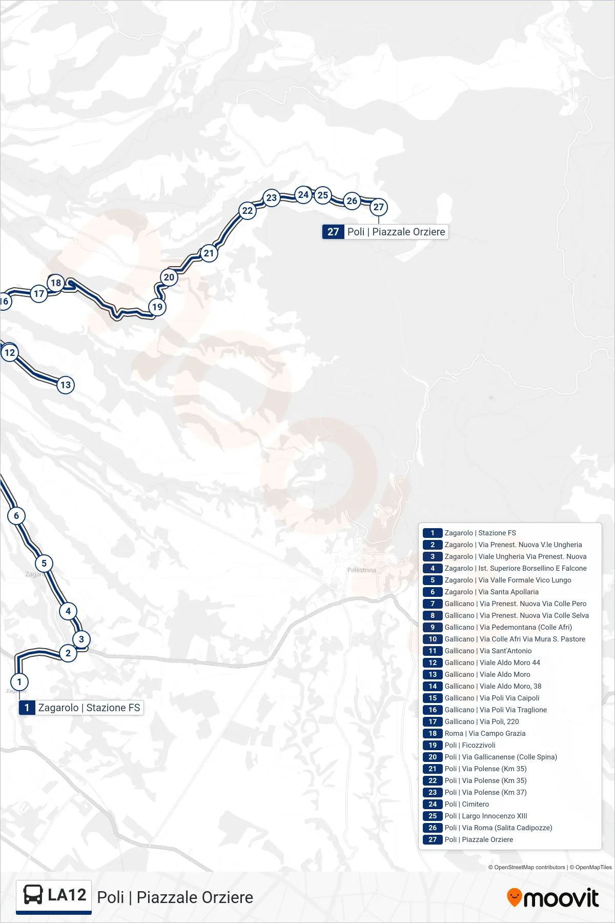 Linea LA12 bus (Poli | Piazzale Orziere) - Percorsi e fermate sulla mappa