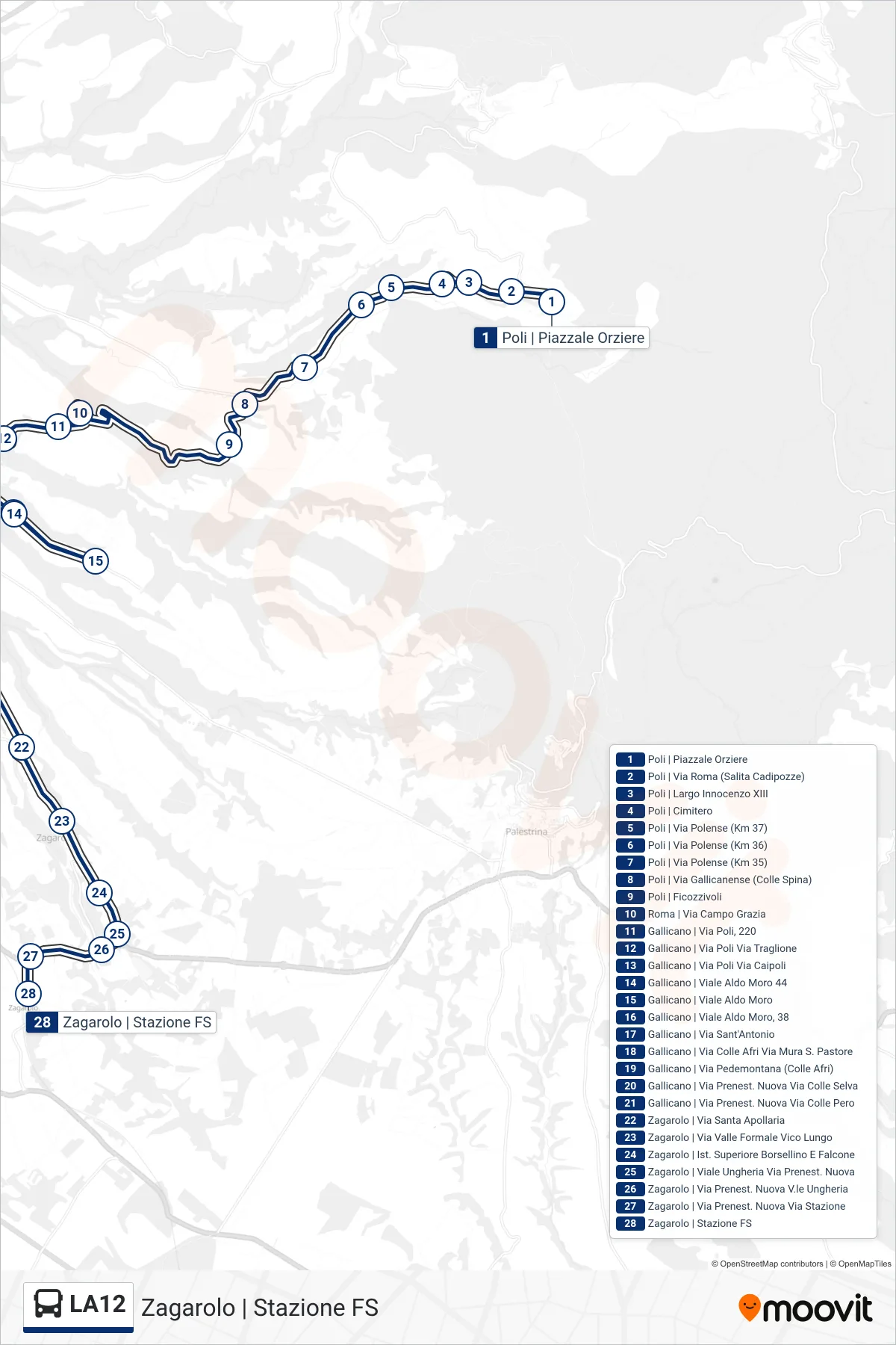 Linea LA12 bus (Zagarolo | Stazione FS) - Percorsi e fermate sulla mappa
