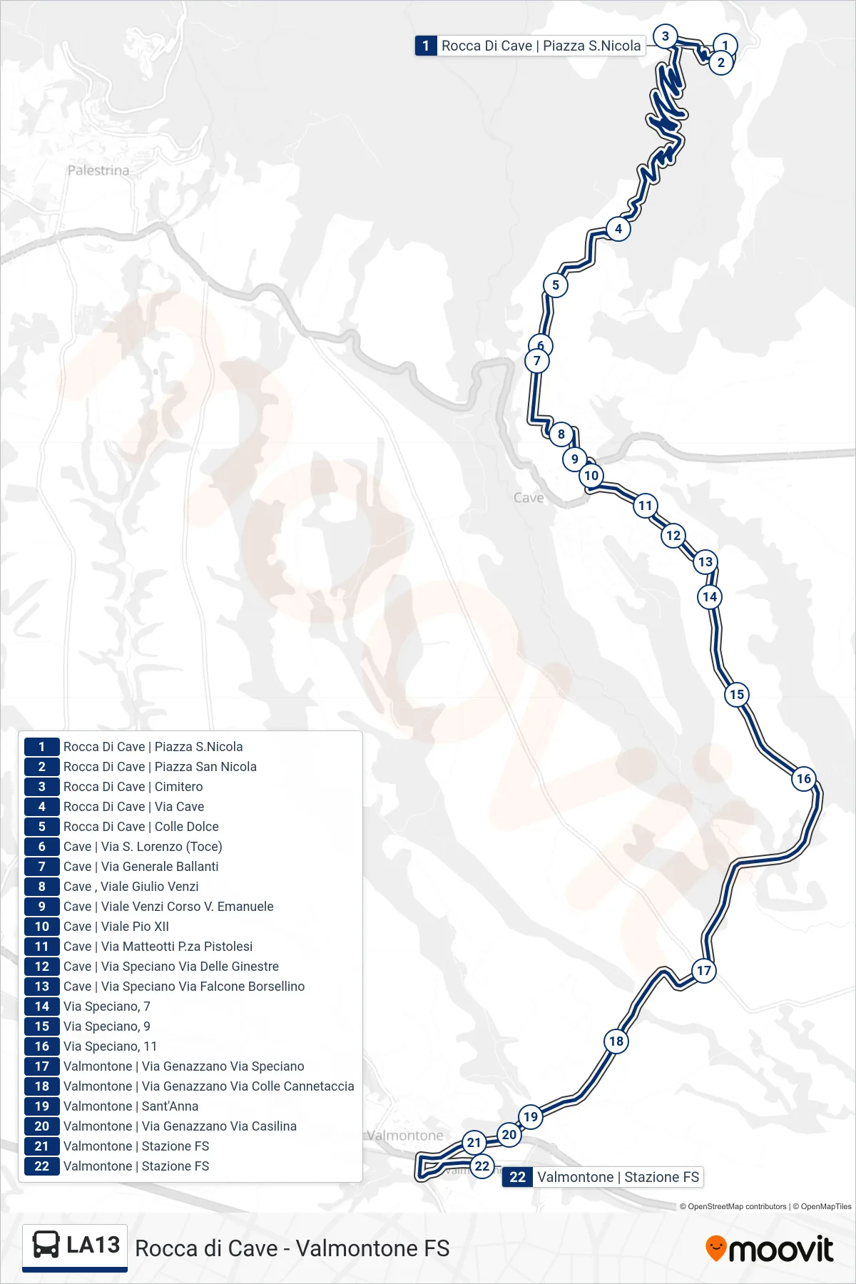Linea LA13 bus (Valmontone FS) - Percorsi e fermate sulla mappa