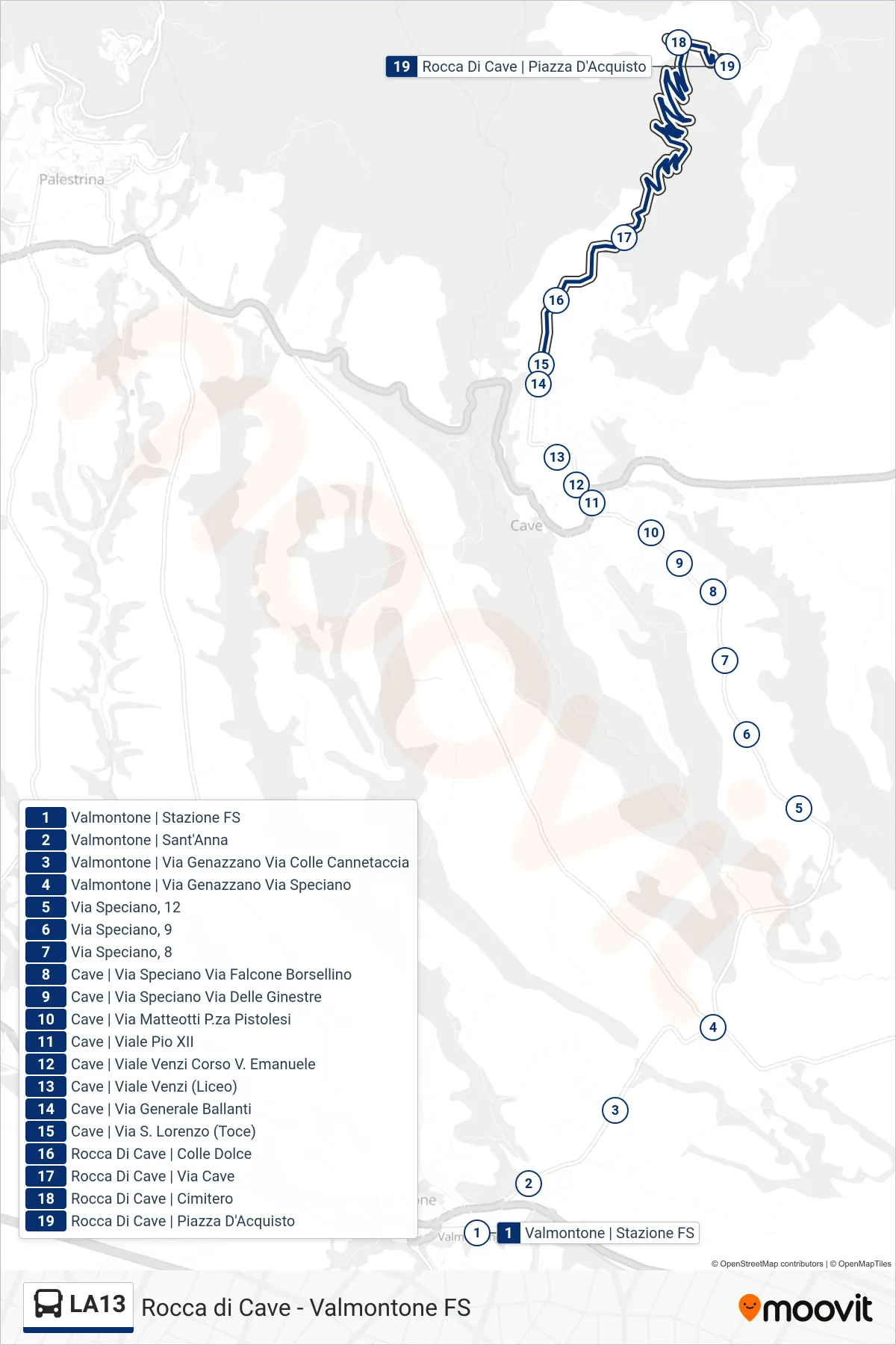 Linea LA13 bus (Rocca Di Cave) - Percorsi e fermate sulla mappa