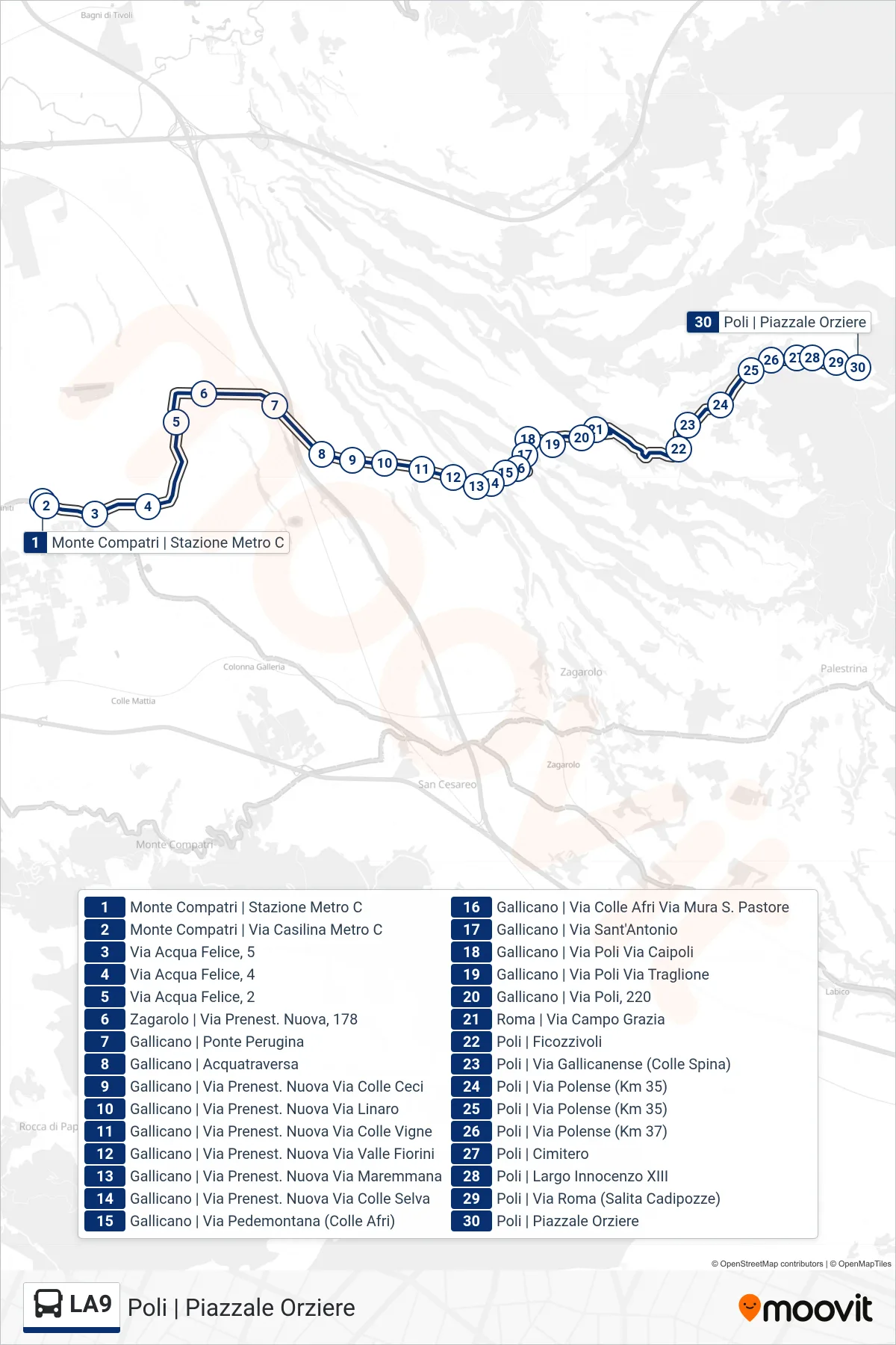 Linea LA9 bus (Poli | Piazzale Orziere) - Percorsi e fermate sulla mappa