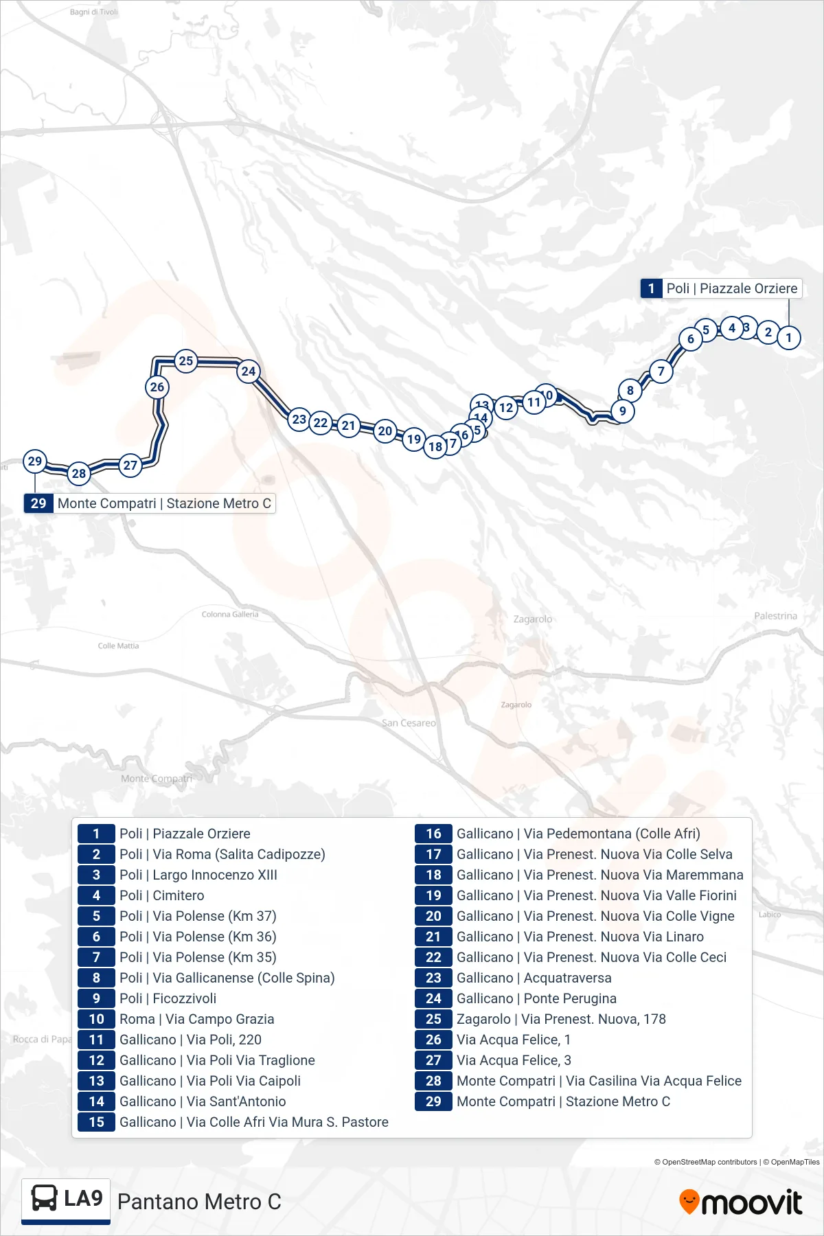 Linea LA9 bus (Pantano Metro C) - Percorsi e fermate sulla mappa