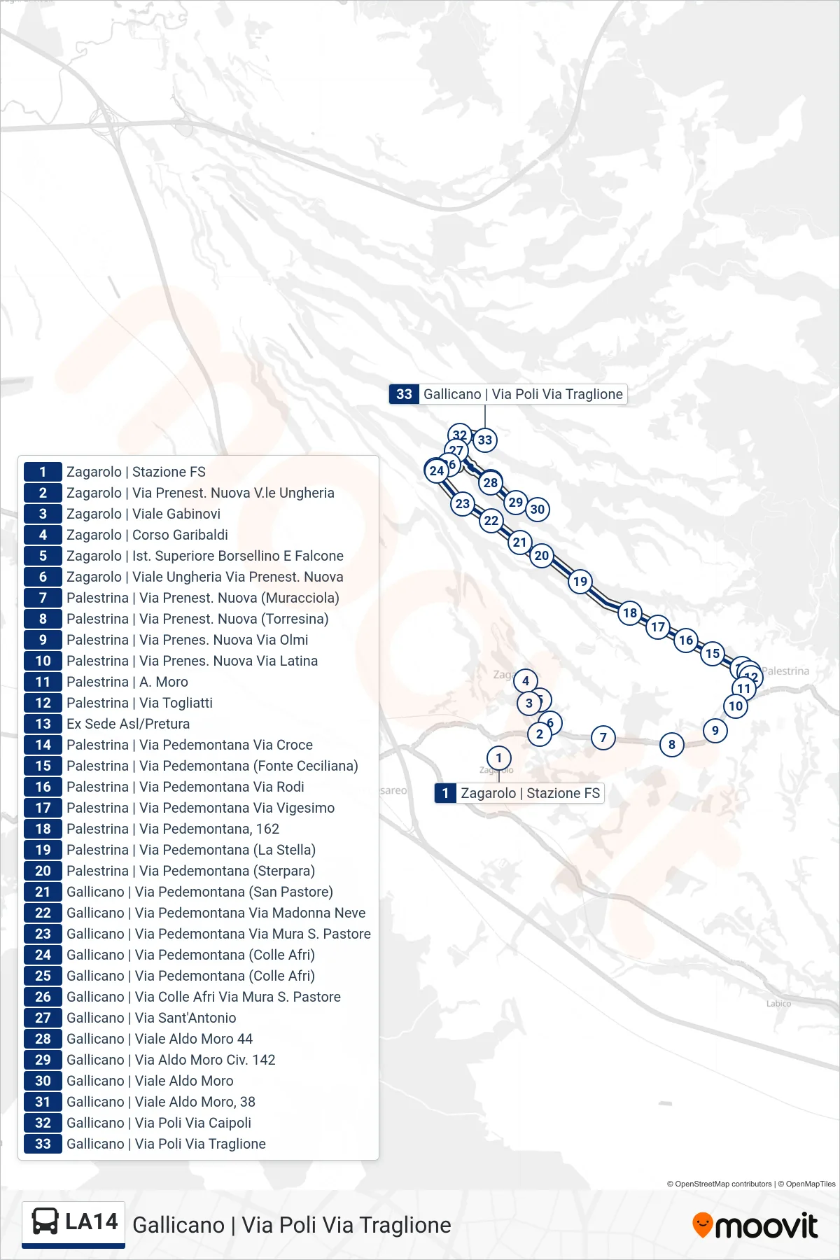 Linea LA14 bus (Gallicano | Via Poli Via Traglione) - Percorsi e fermate sulla mappa