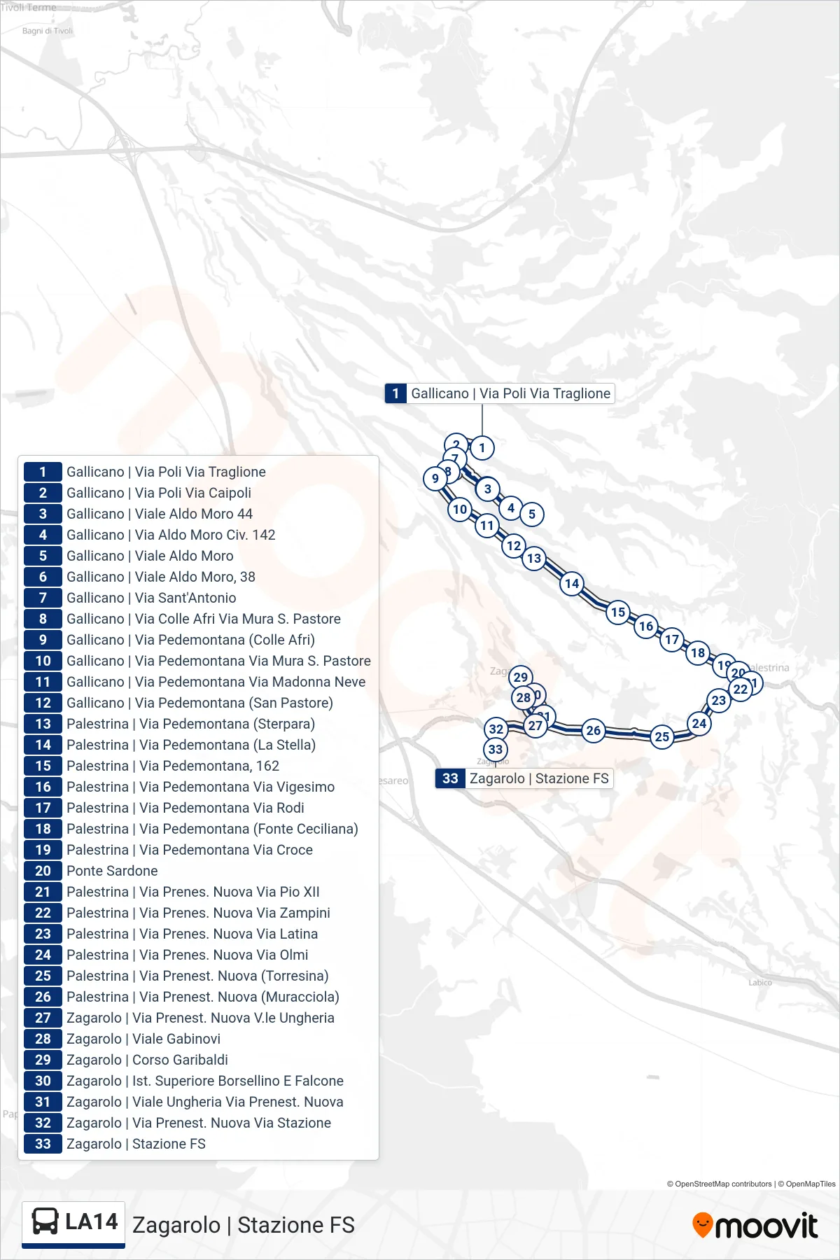 Linea LA14 bus (Zagarolo | Stazione FS) - Percorsi e fermate sulla mappa