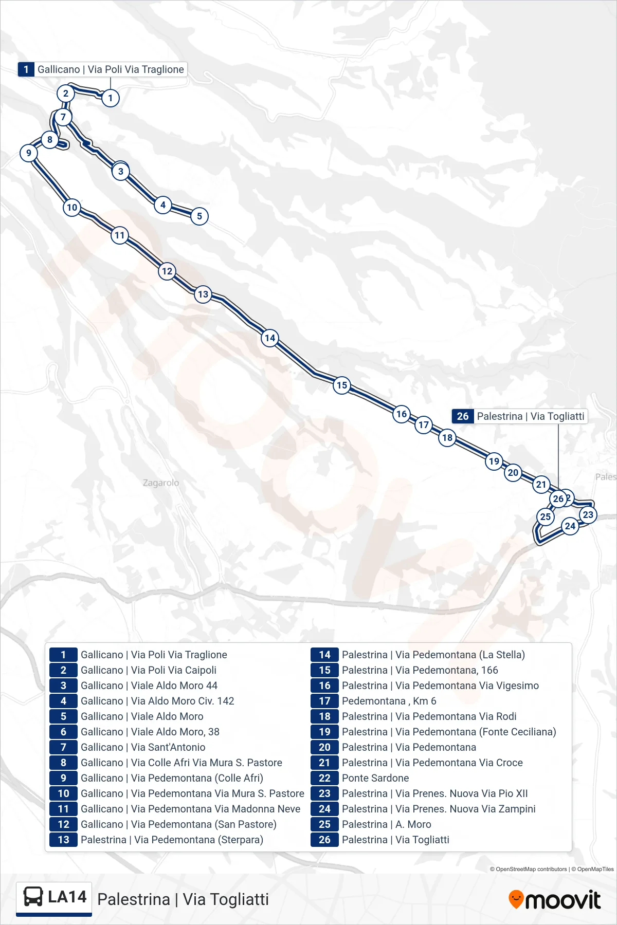 Linea LA14 bus (Palestrina | Via Togliatti) - Percorsi e fermate sulla mappa