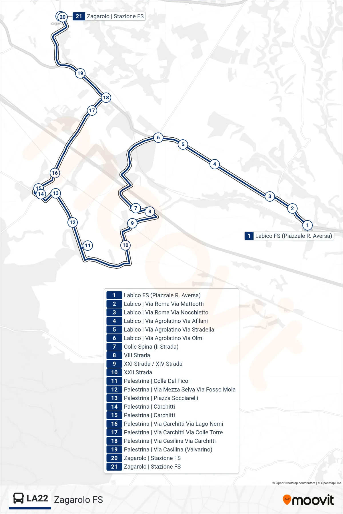 Linea LA22 bus (Zagarolo FS) - Percorsi e fermate sulla mappa